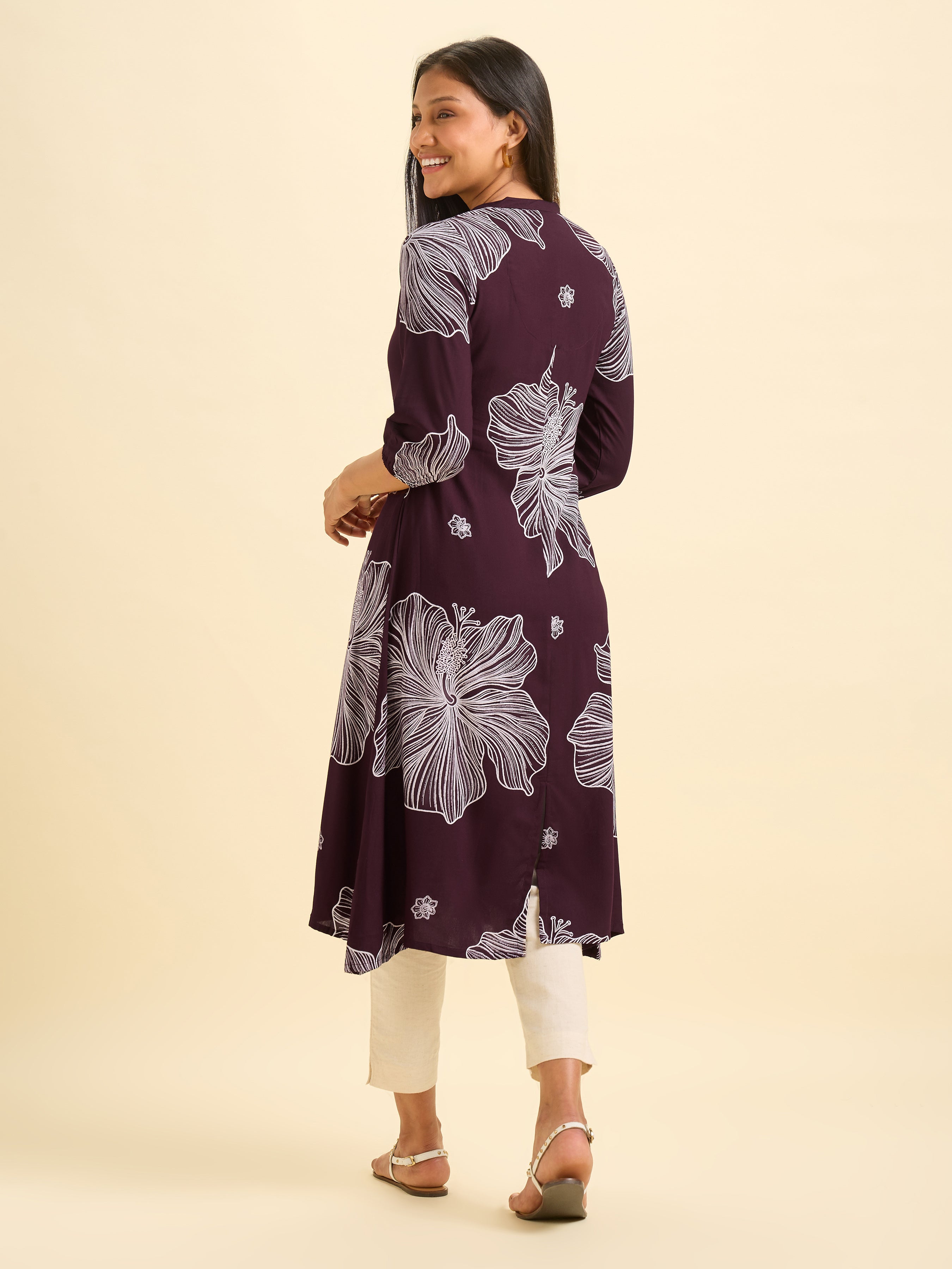 Wine Red And White Viscose Printed Flared Kurti