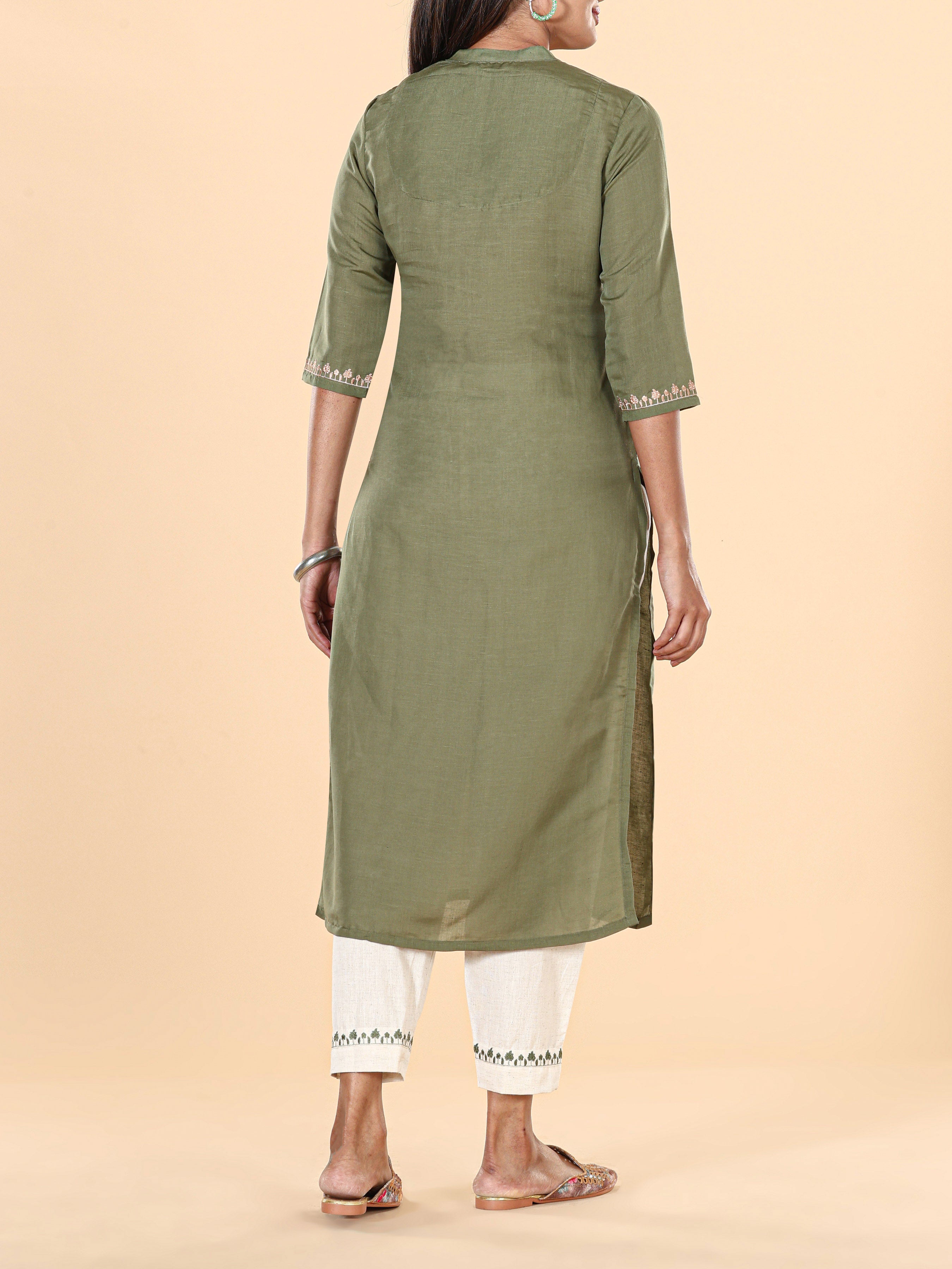 Olive Green Linen Embroidered Kurti With Bottom