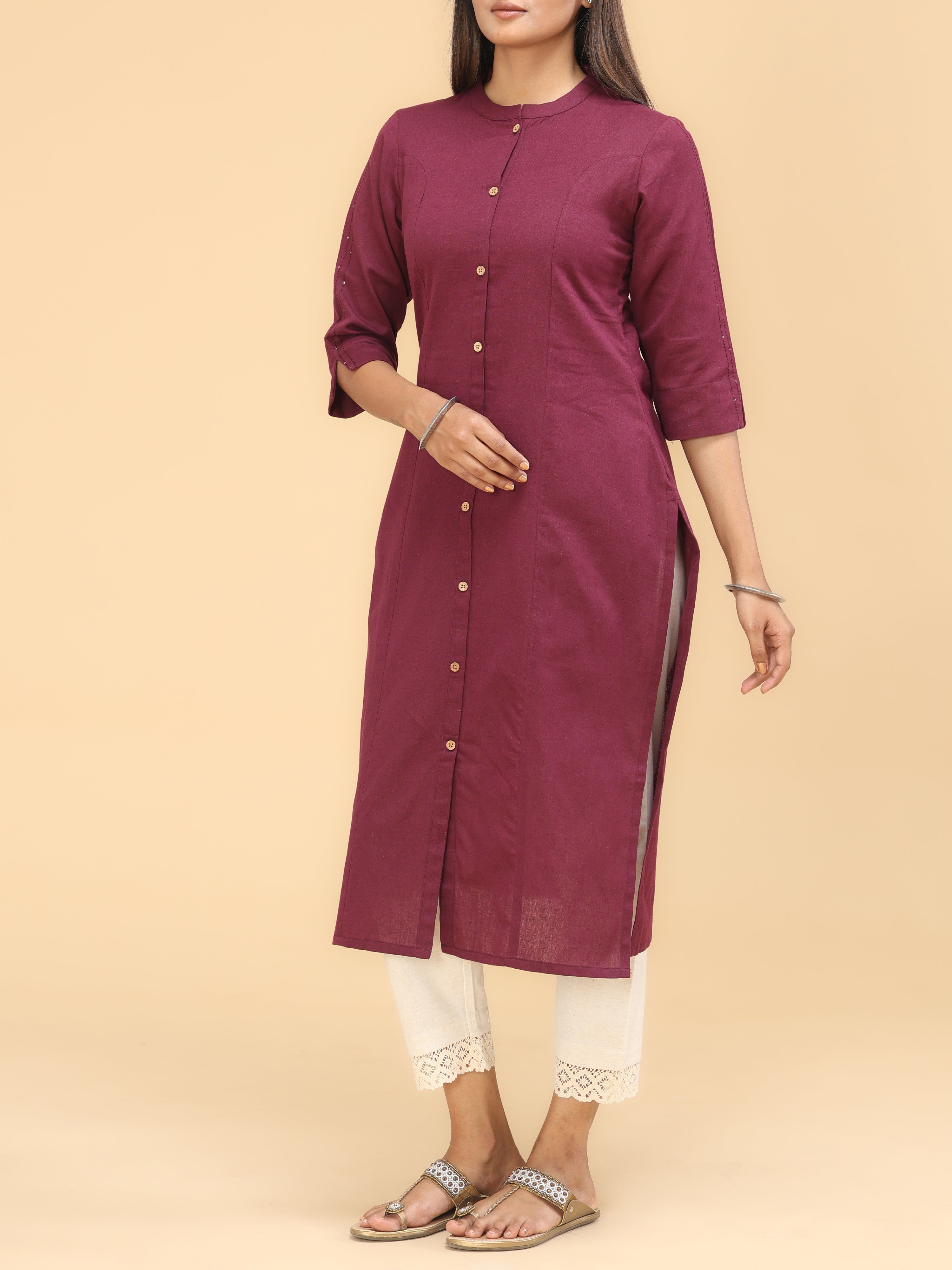 Claret Pink Cotton Kurti With Button Placket