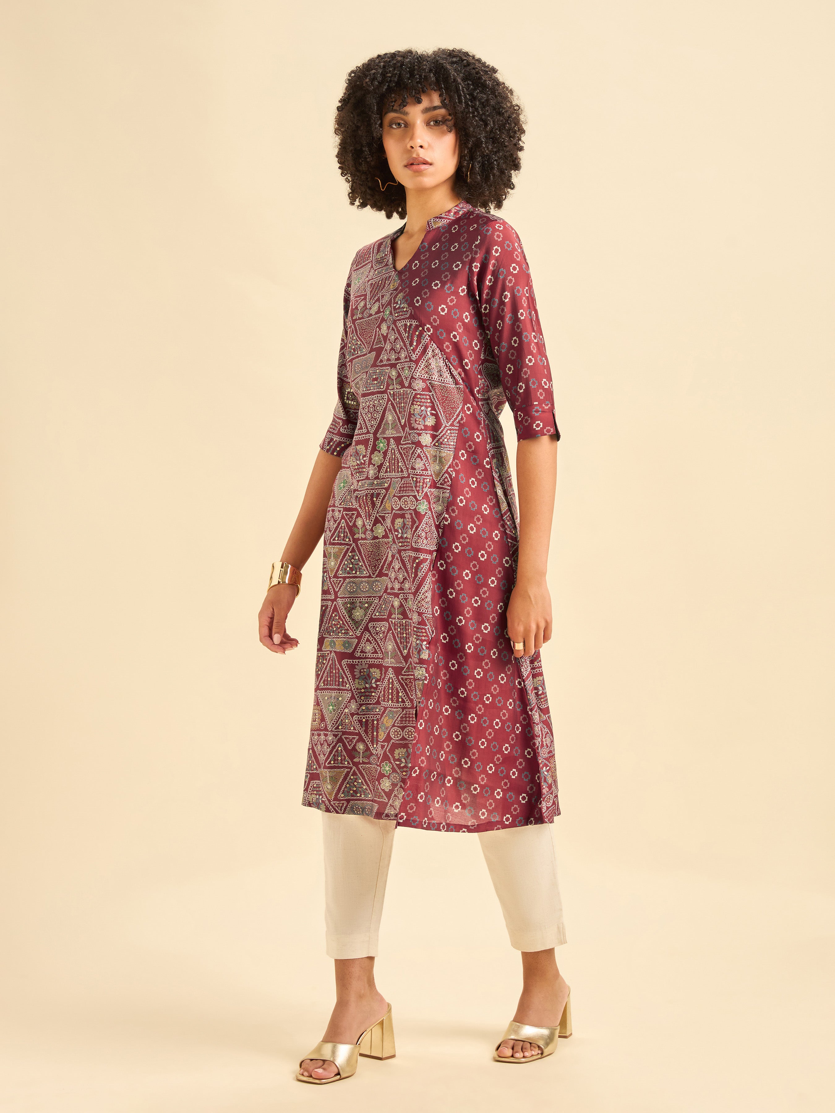 Meroon Modal Chanderi Side Panel Printed Kurti
