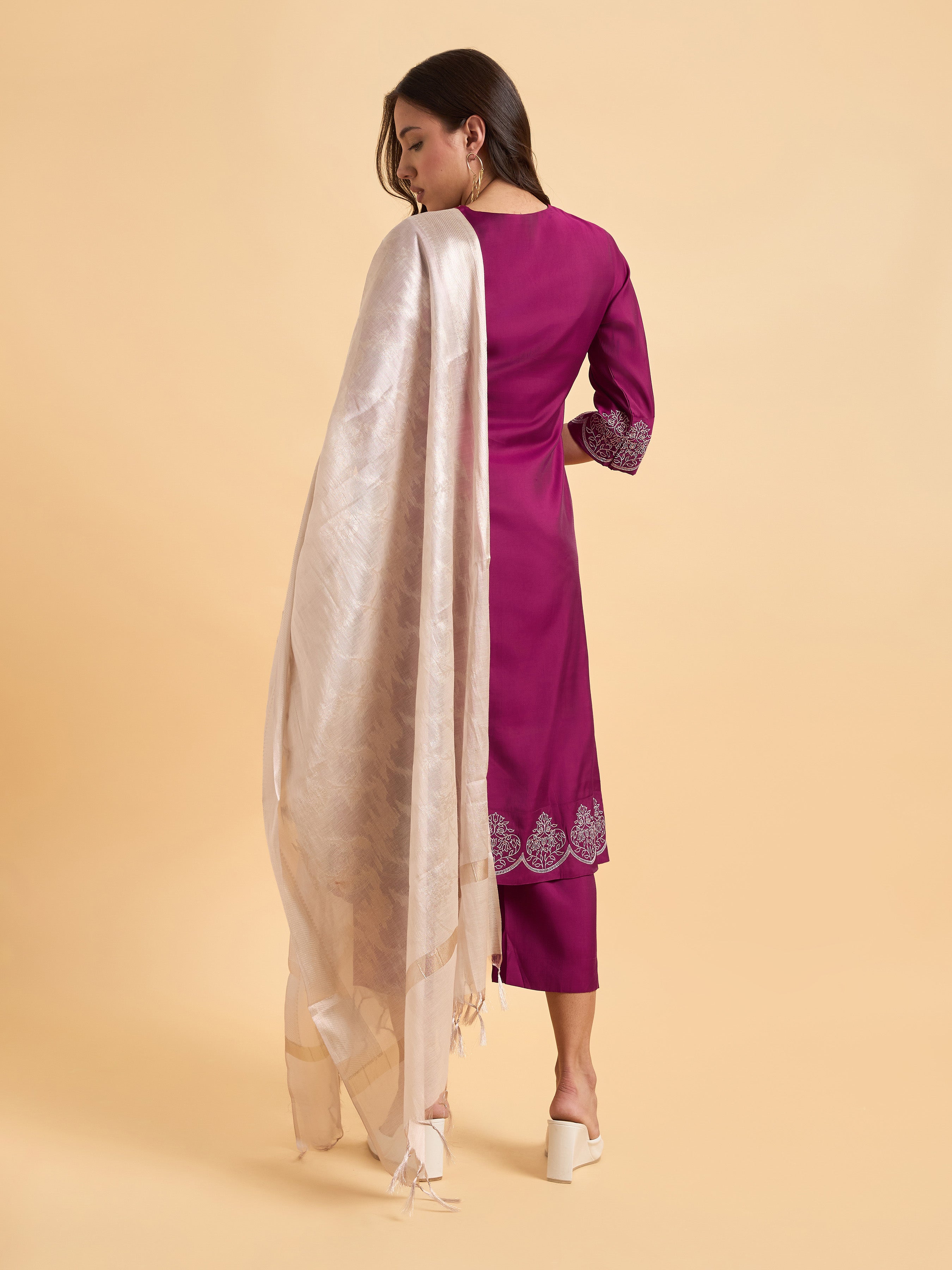 Magenta Viscose Blend Kurti Set With Dupatta And Sequence Embroidery