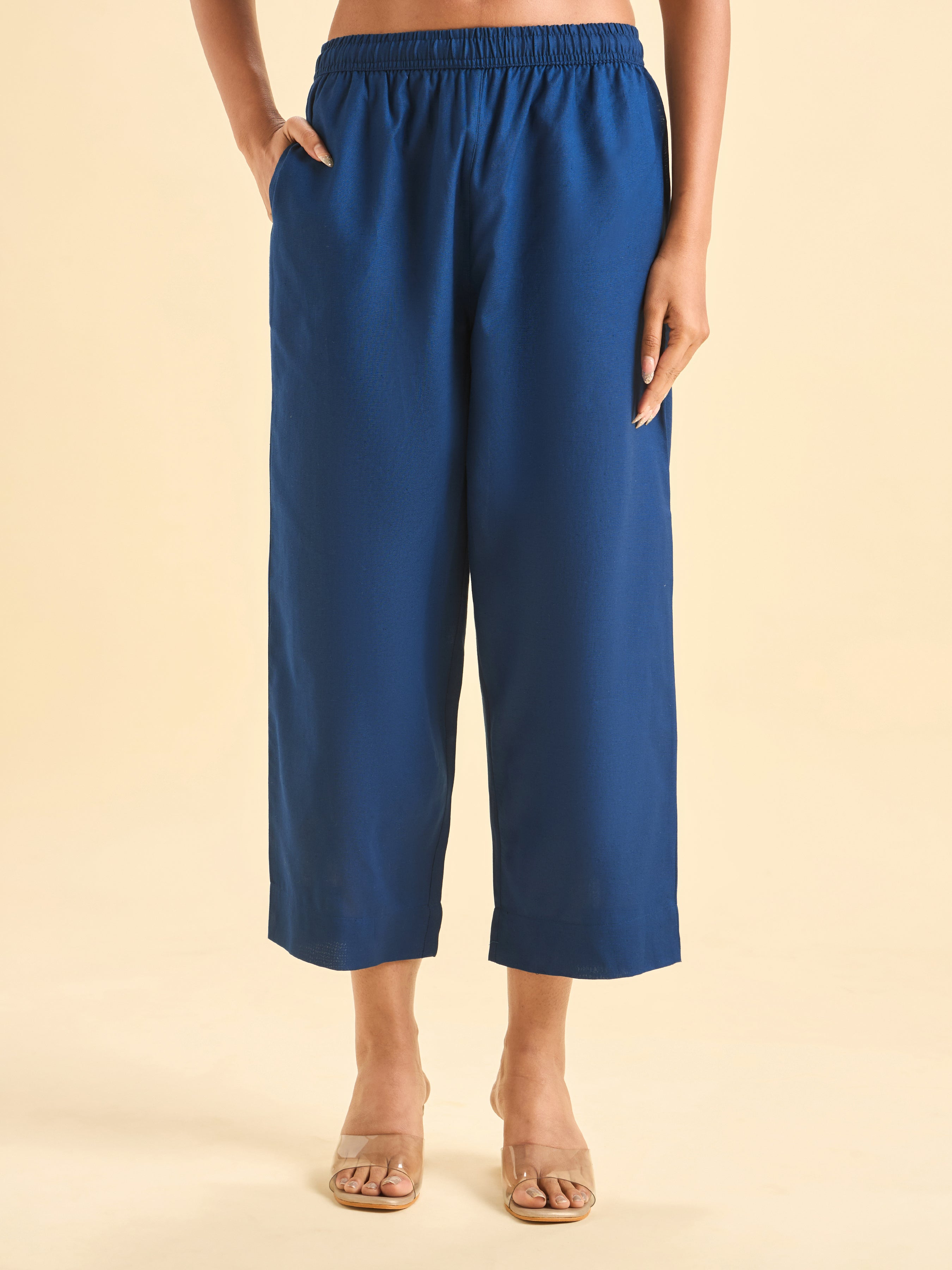 Navy Blue Cotton Flax Slit Kurti Set With Embroidery