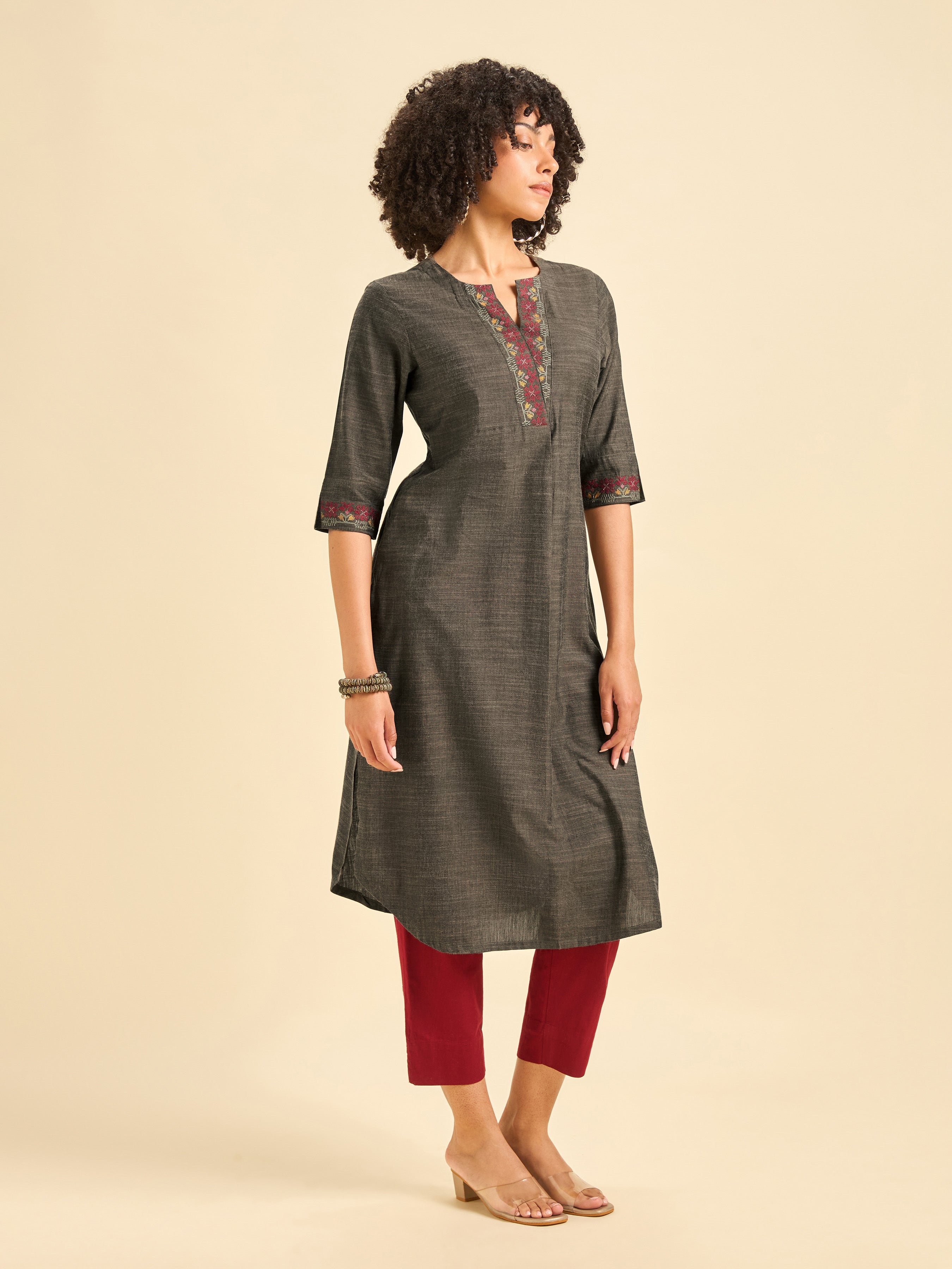 Dark Grey Cotton Viscose Kurti With Cross Stitch Embroidery