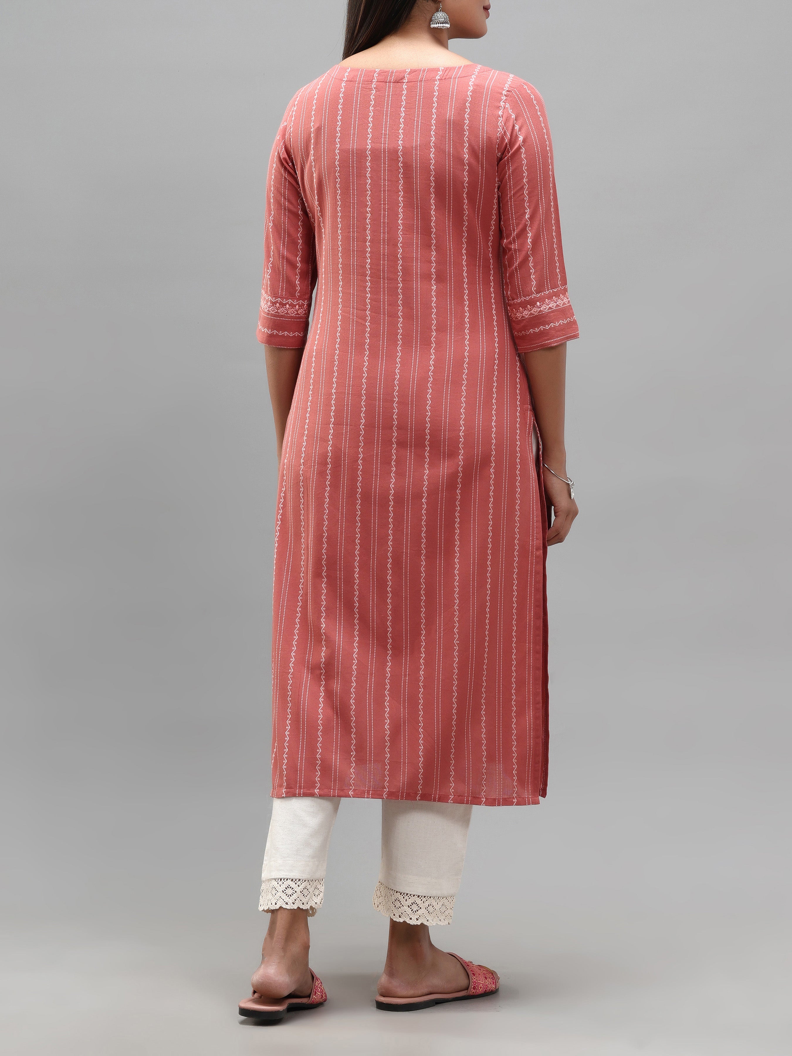 Onion Pink Cotton Dobby Kurti With Embroidery