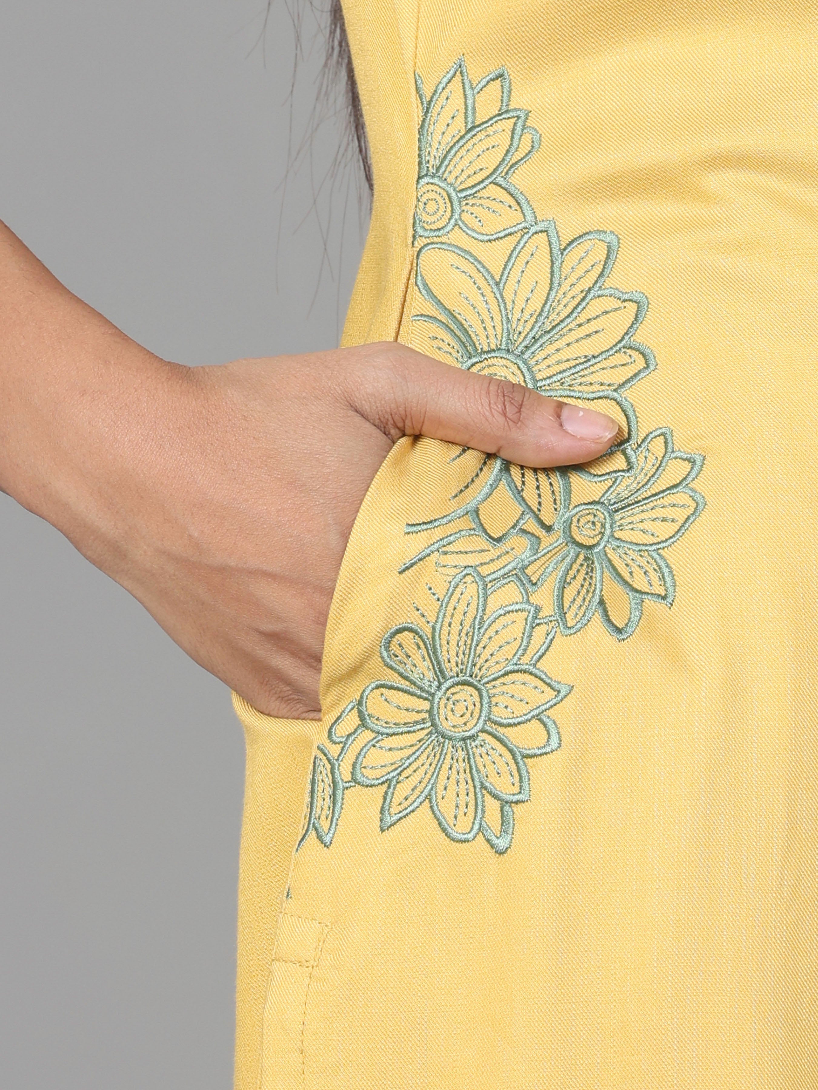 Yellow Viscose Twill Kurti With Embroidery