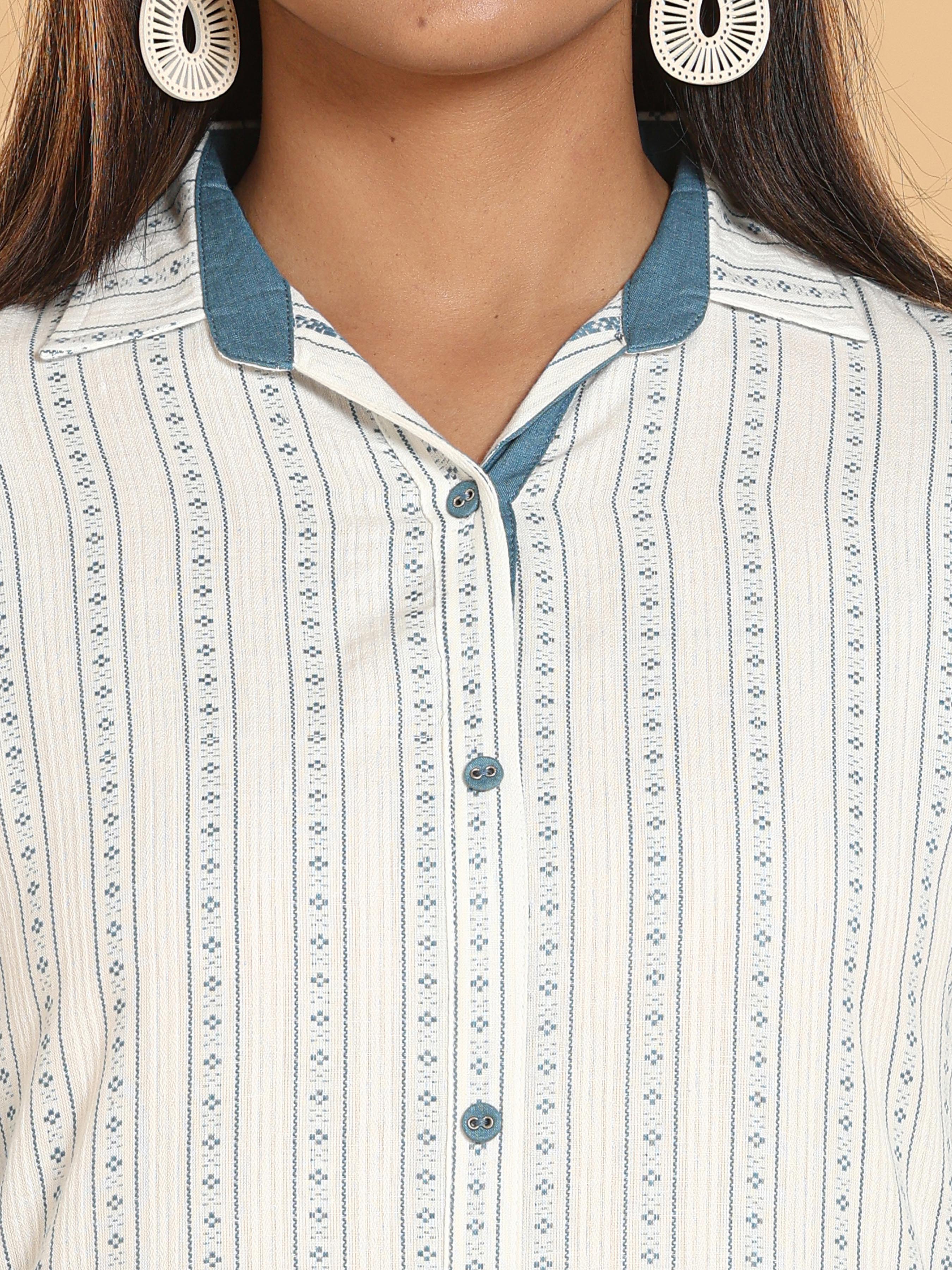 Off White Cotton Dobby Kurti With Button Placket