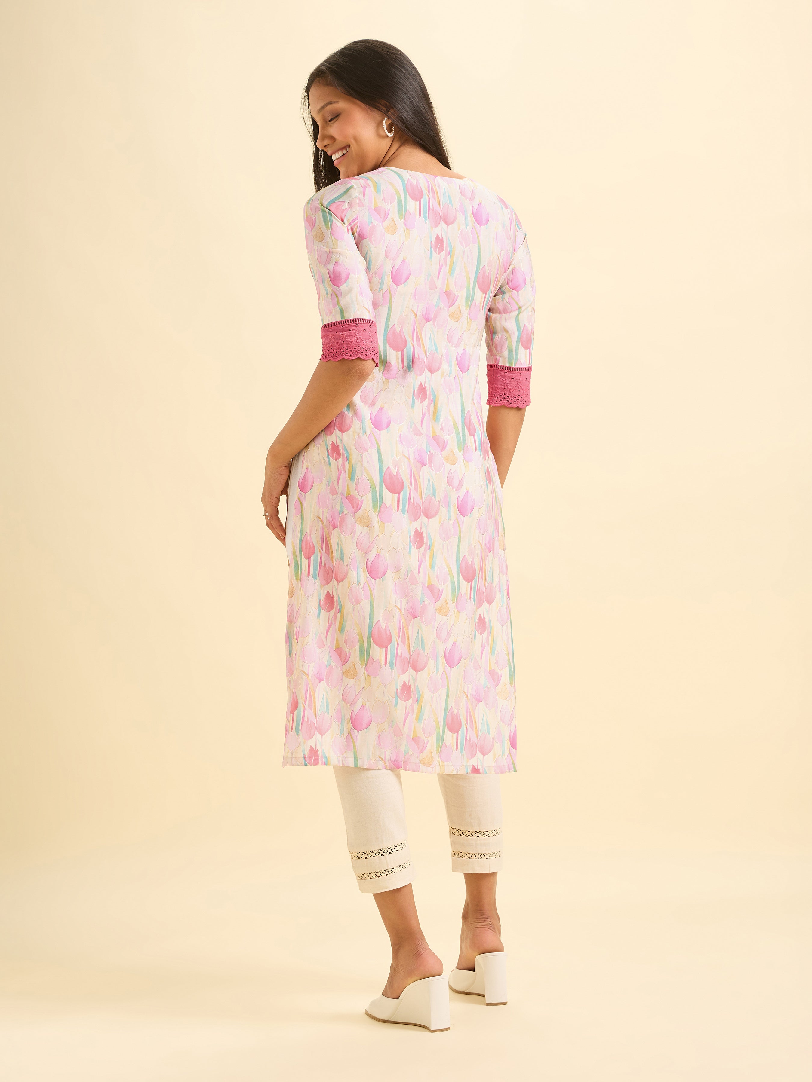 Multi Colour Modal Chanderi Printed Slited Kurti With Embroidery And Lace