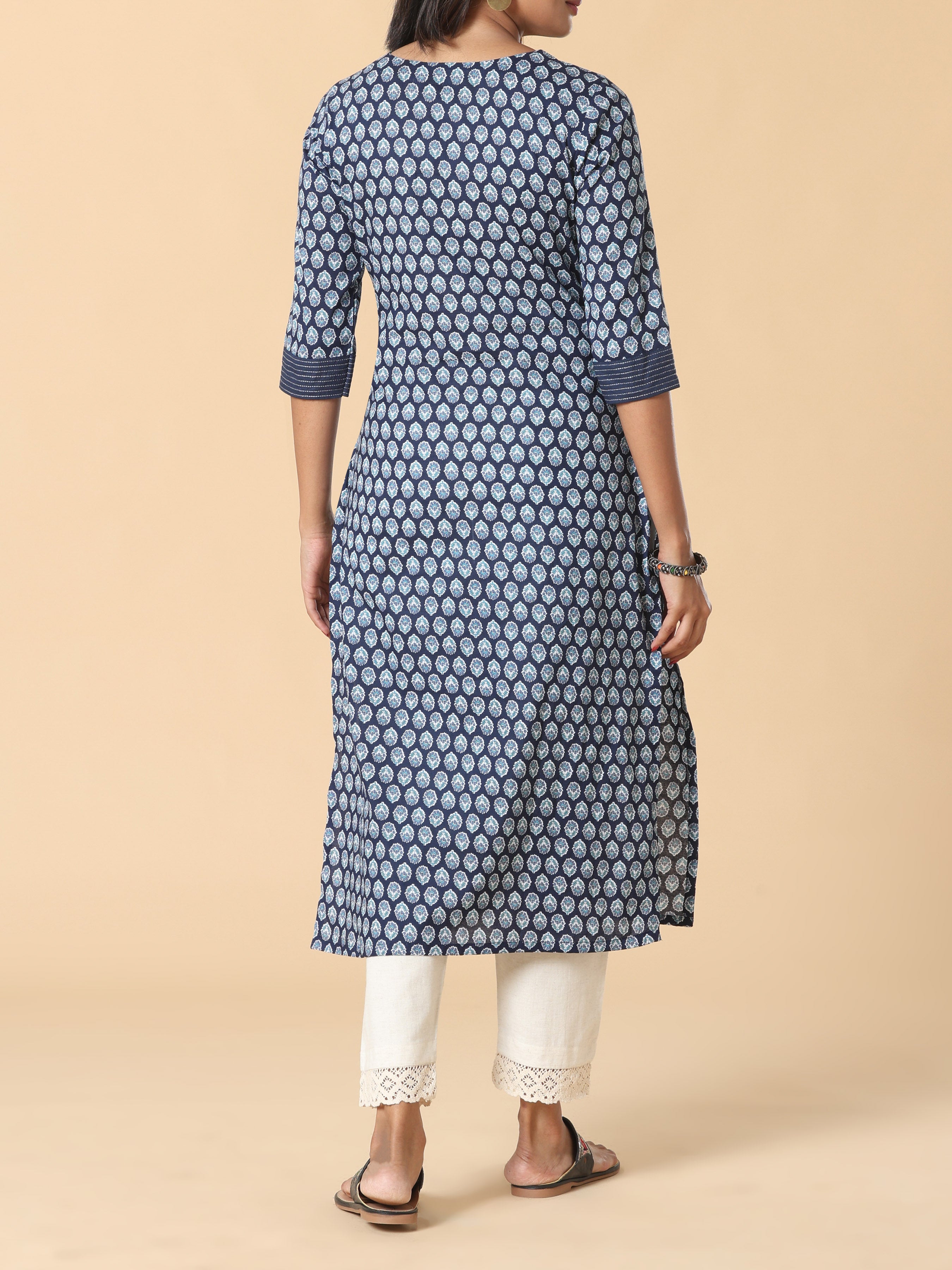Navy Blue Pure Cotton Kurti With Embroidery
