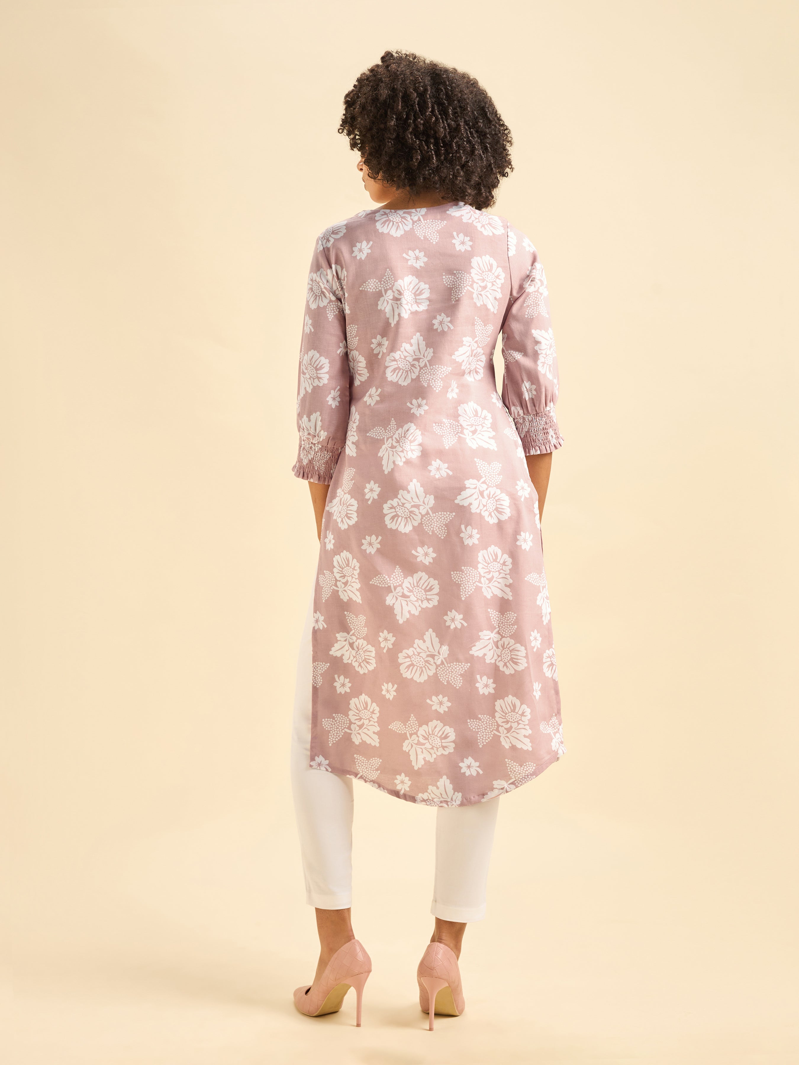 Pink and White Cotton Flax Printed Slit Kurti With Smocking Cuff