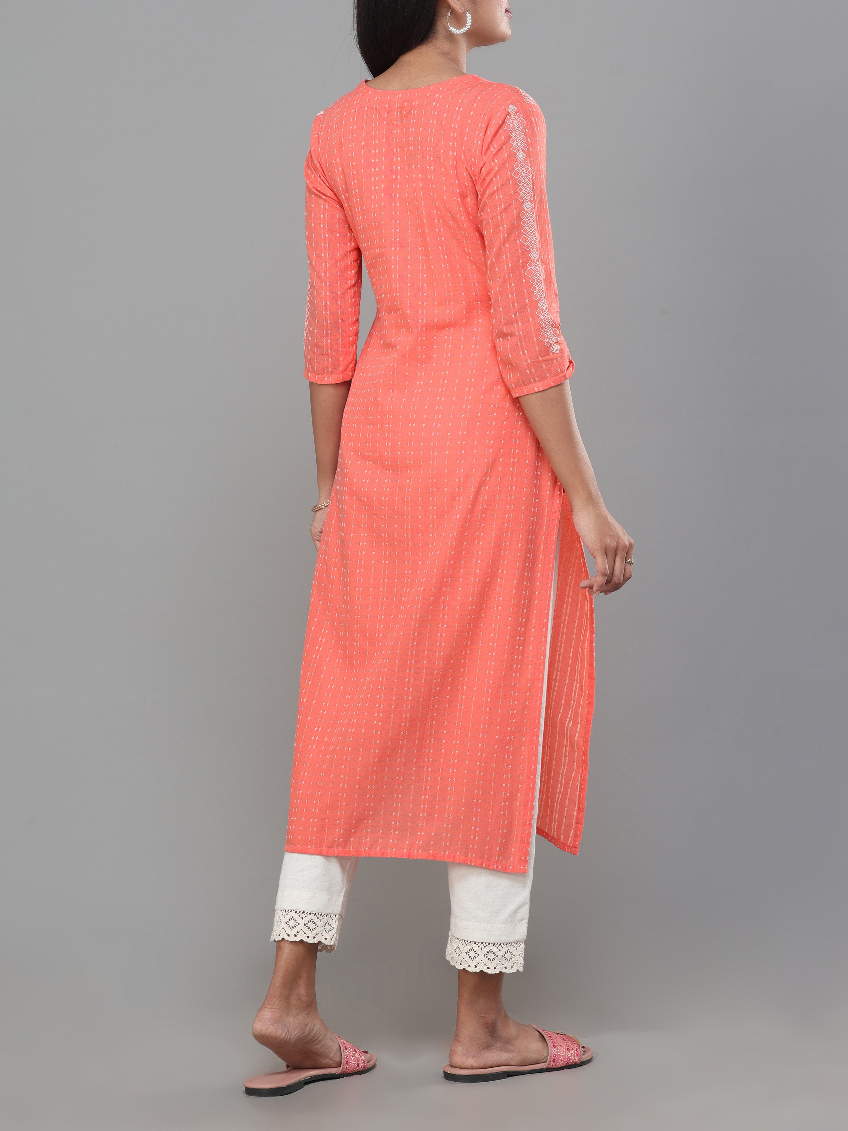 Peach Cotton Dobby Kurti With Embroidery