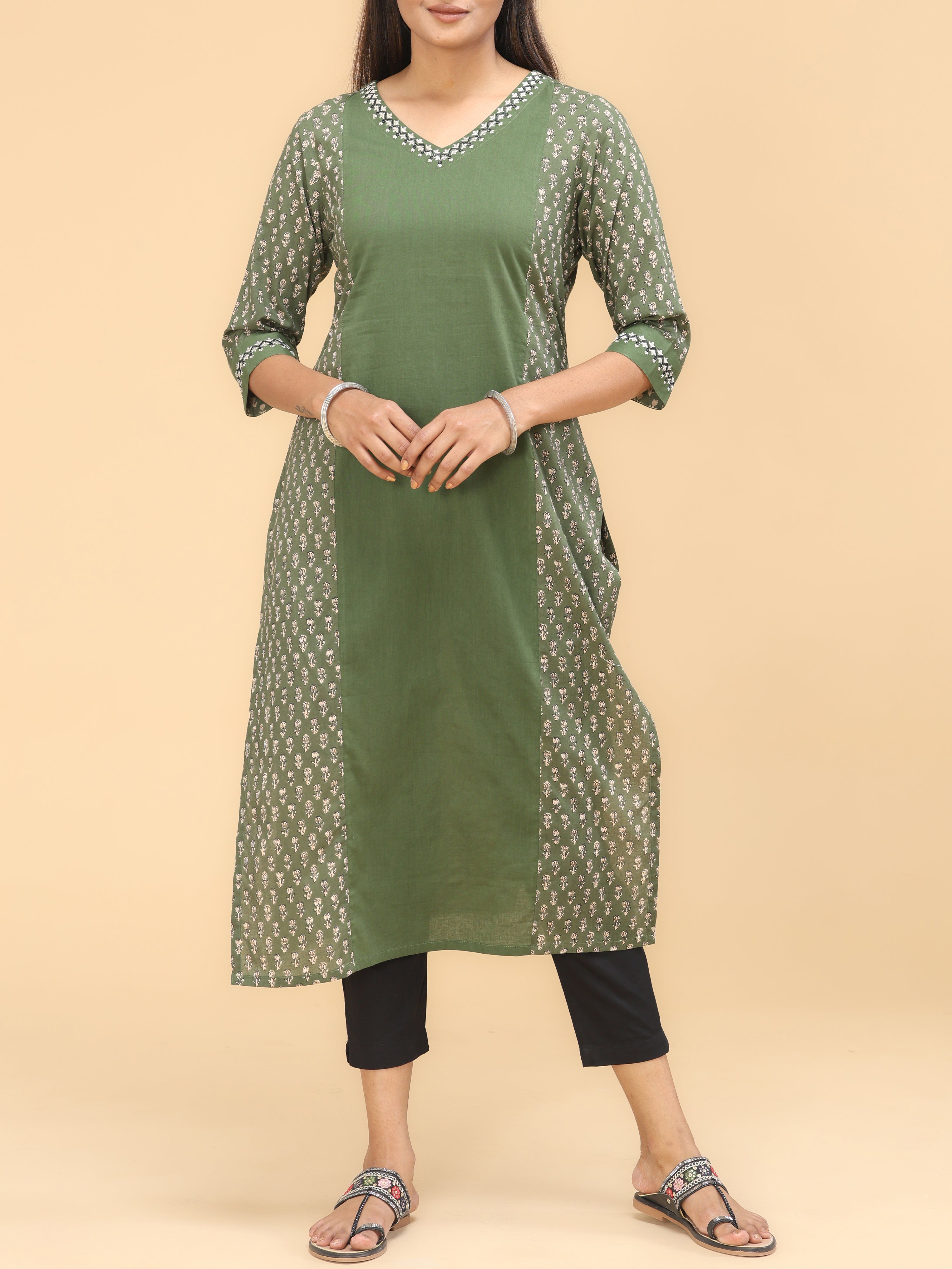 Olive Green Pure Cotton Printed Kurti With Embroidery