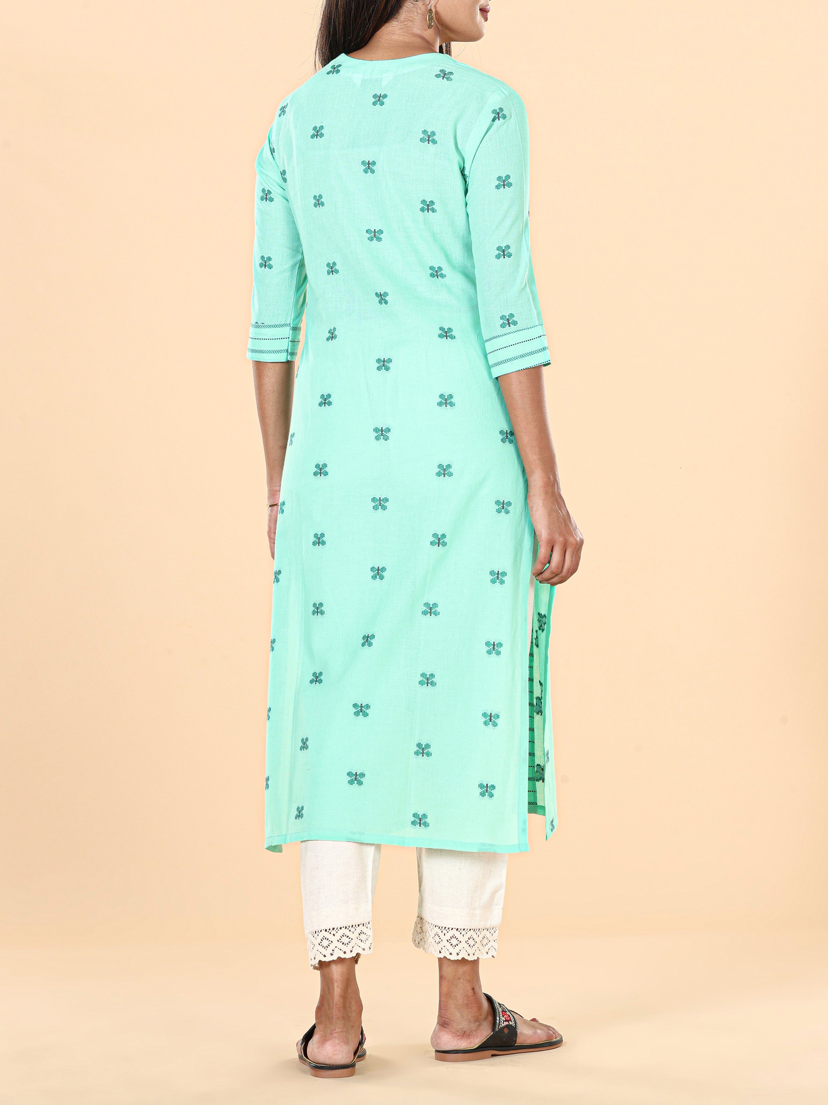 Pista Green Cotton Dobby Kurti With Print