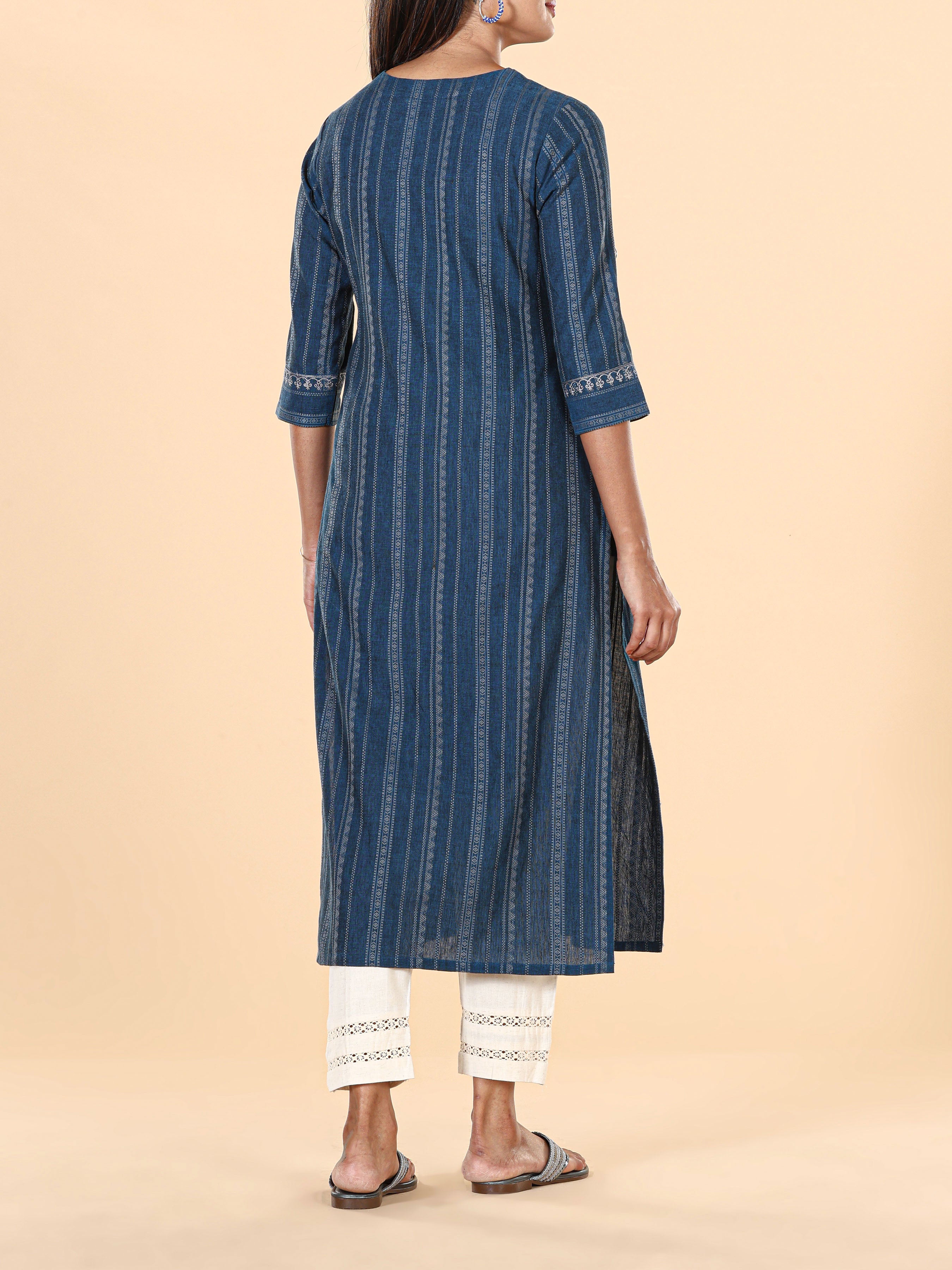 Denim Blue Cotton Dobby Kurti With Embroidery