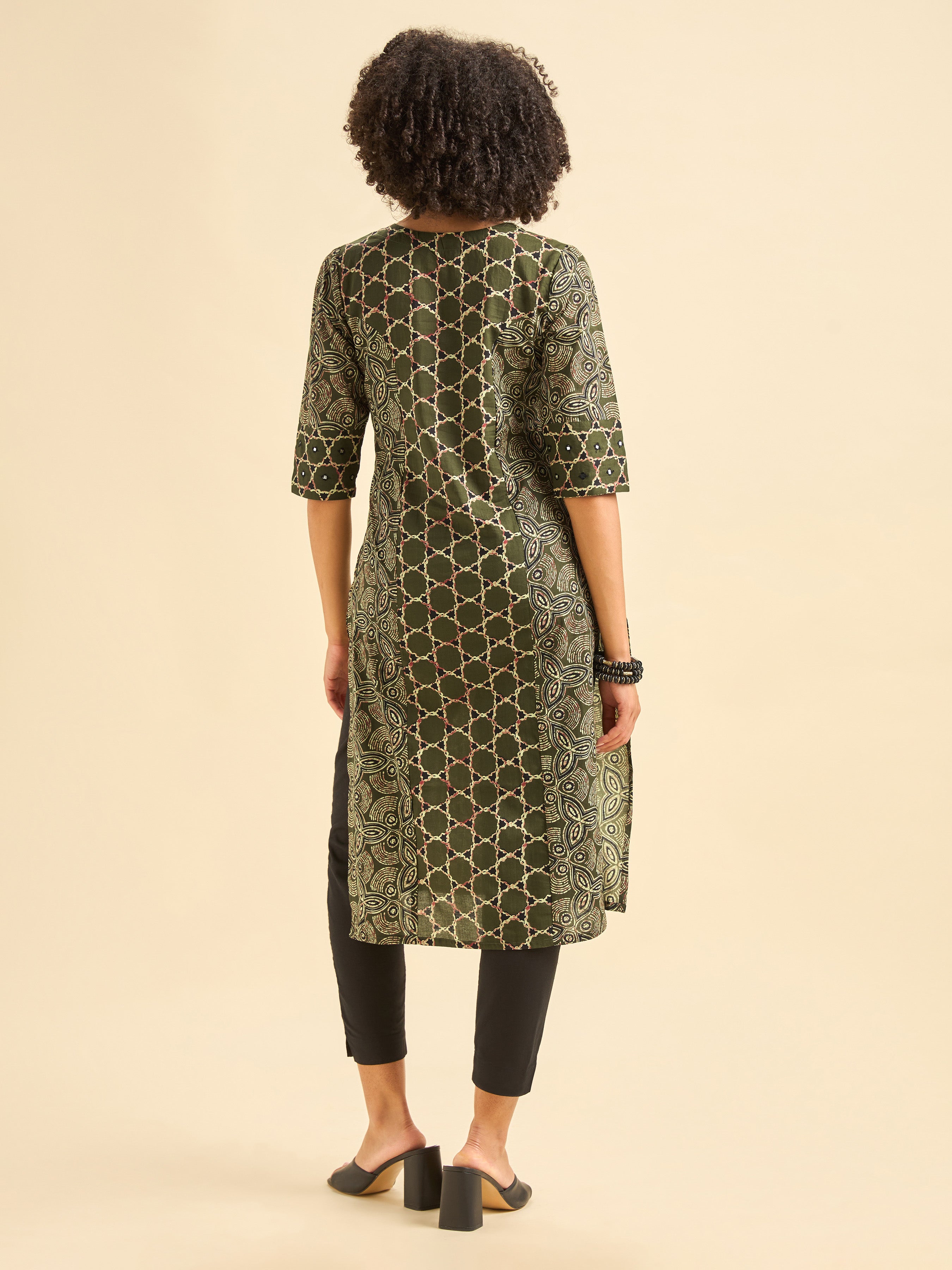 Olive Green Pure Cotton Printed Kurti With Mirror Work