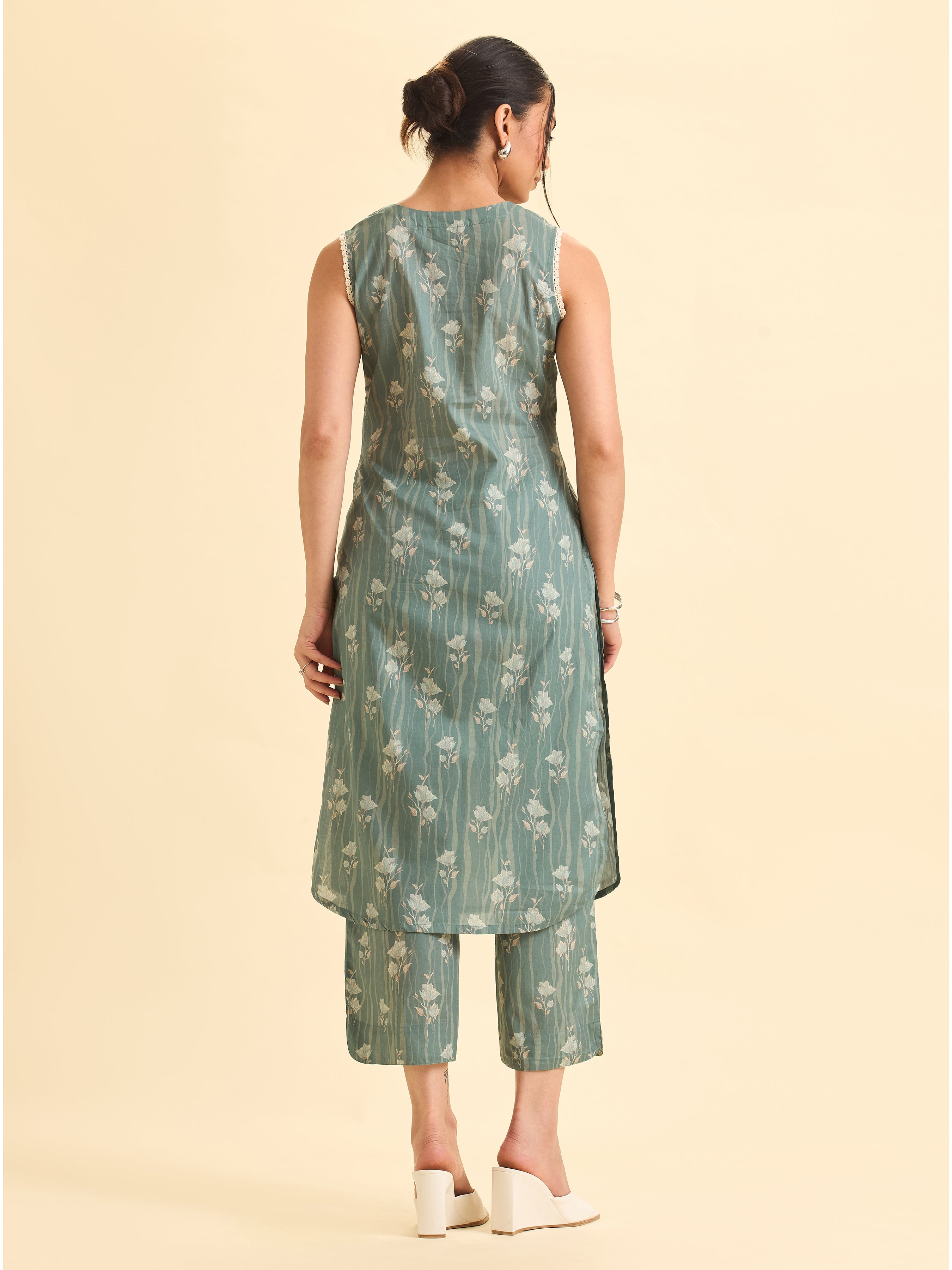 Sage Green Muticolour Pure Cotton Printed Slited Kurti Set With Lace