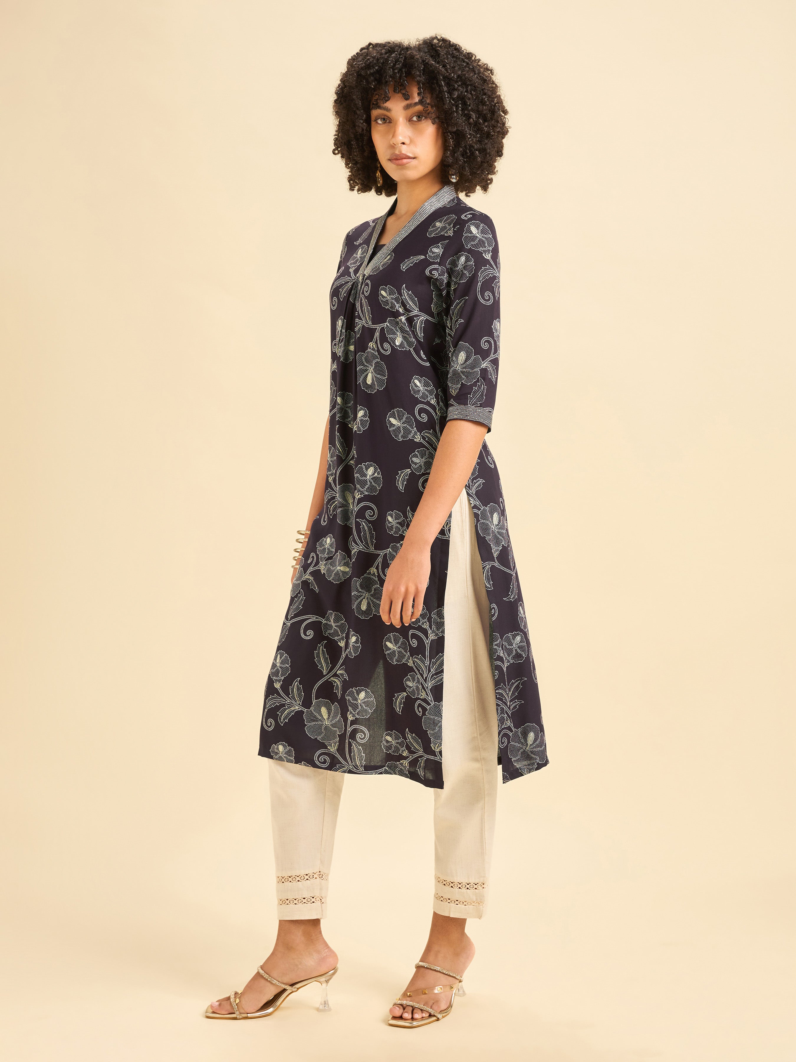 Dark Wine Red Viscose Slit Printed Kurti With Embroidery