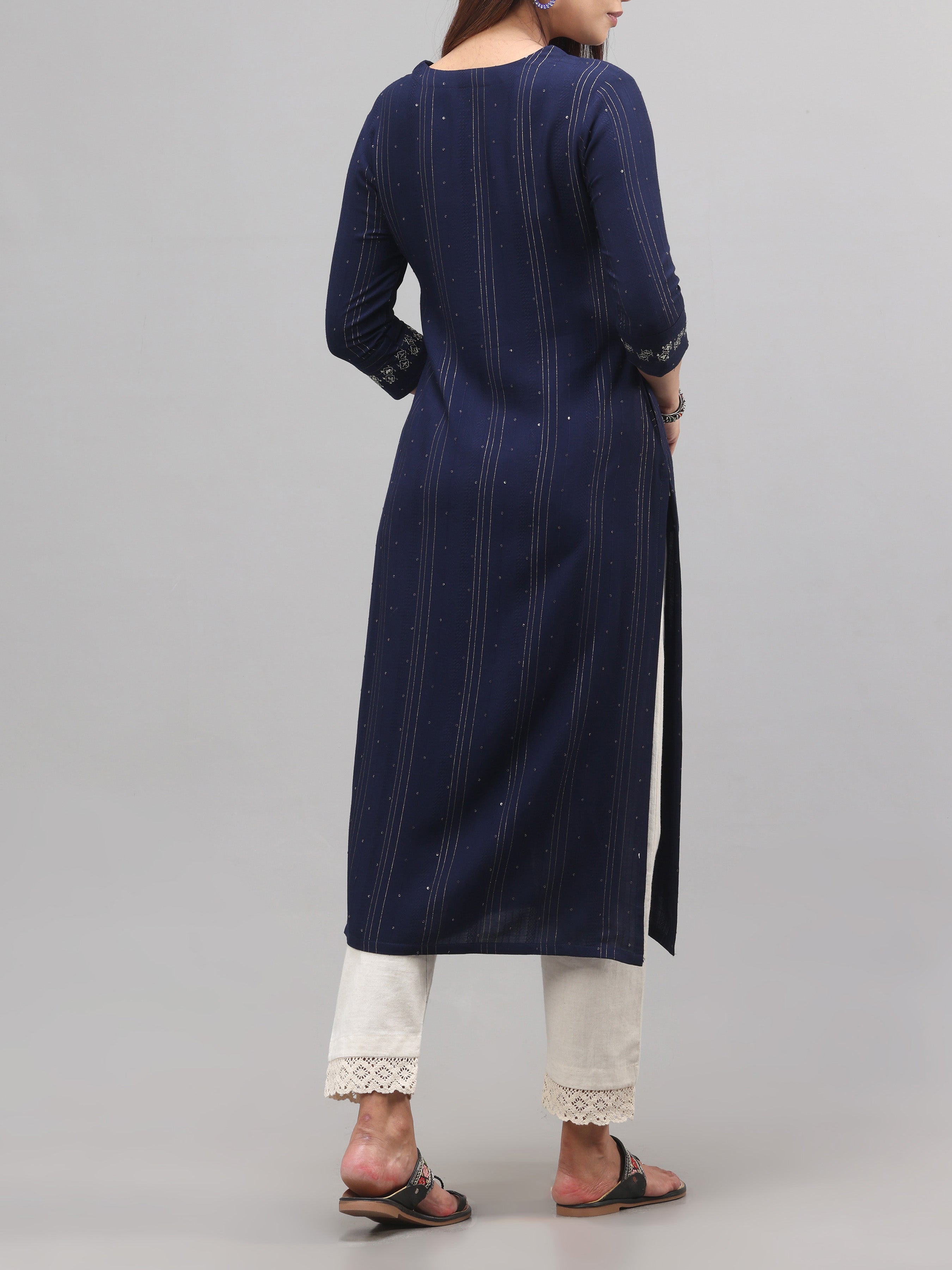 Navy Blue Viscose Kurti With Embroidery And Sequins Work
