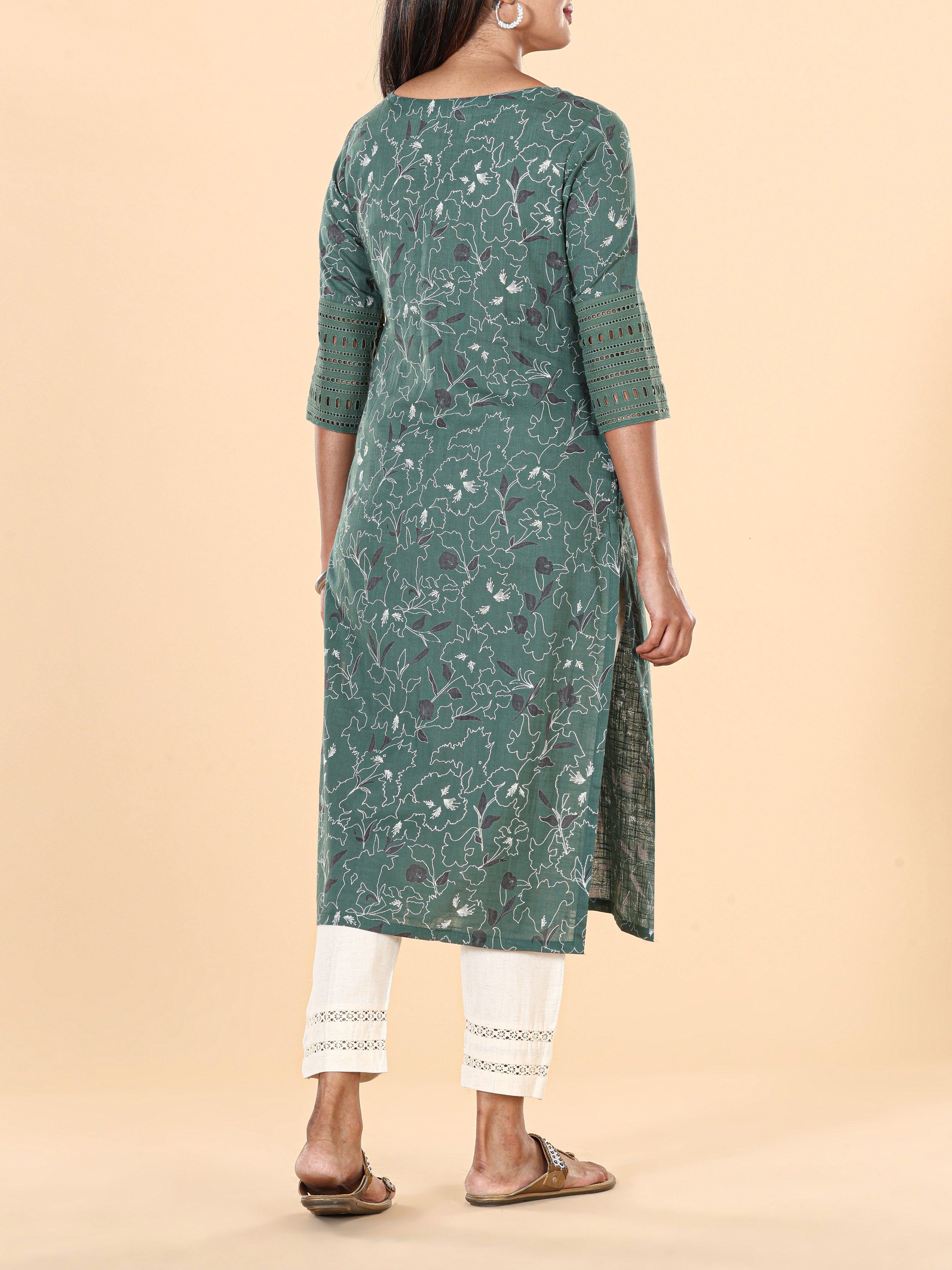 Bottle Green Cotton Slub Printed Kurti With Lace Detailing