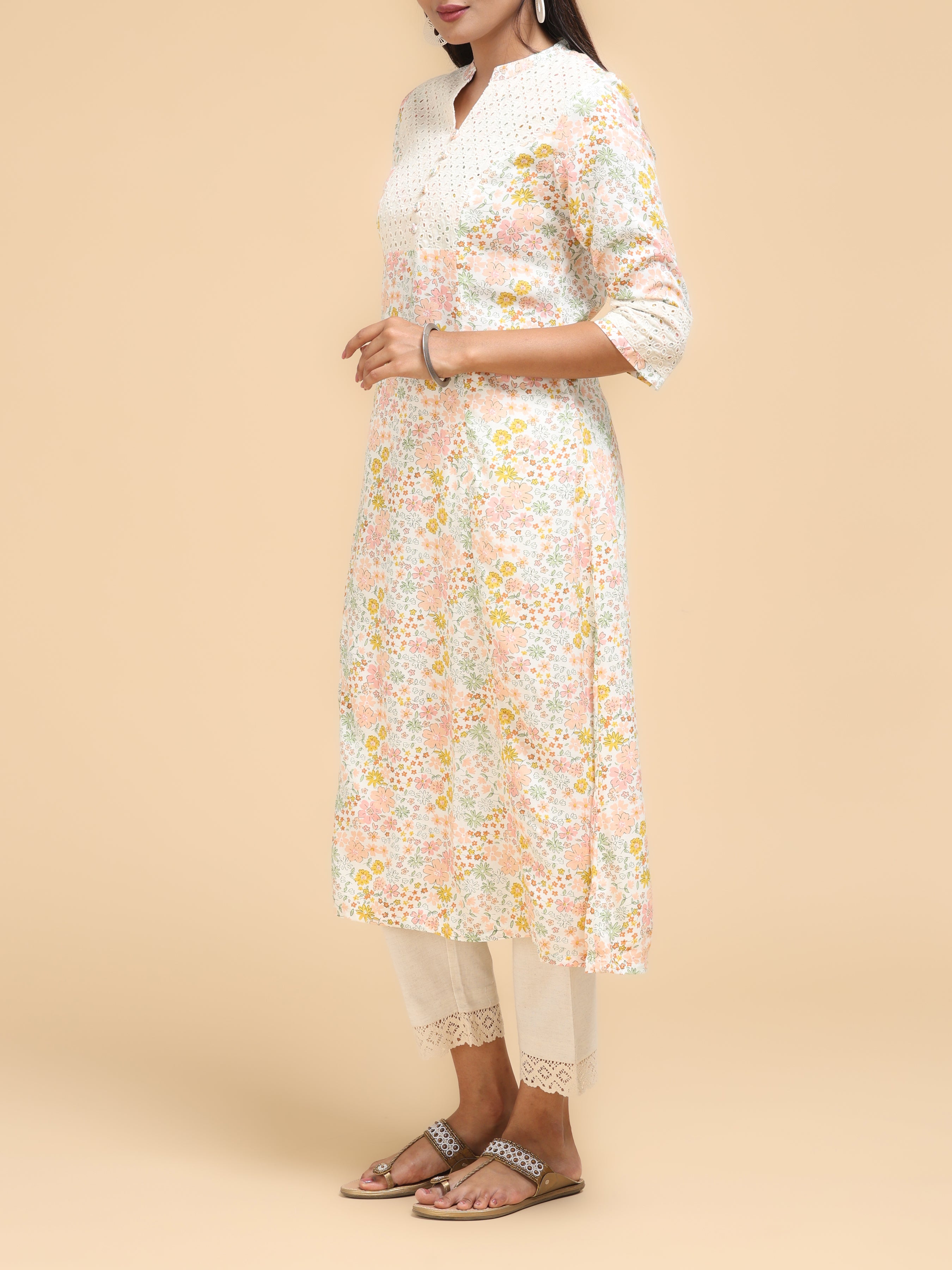Women Wearing Multi-Color Cotton Kurti With Floral Print