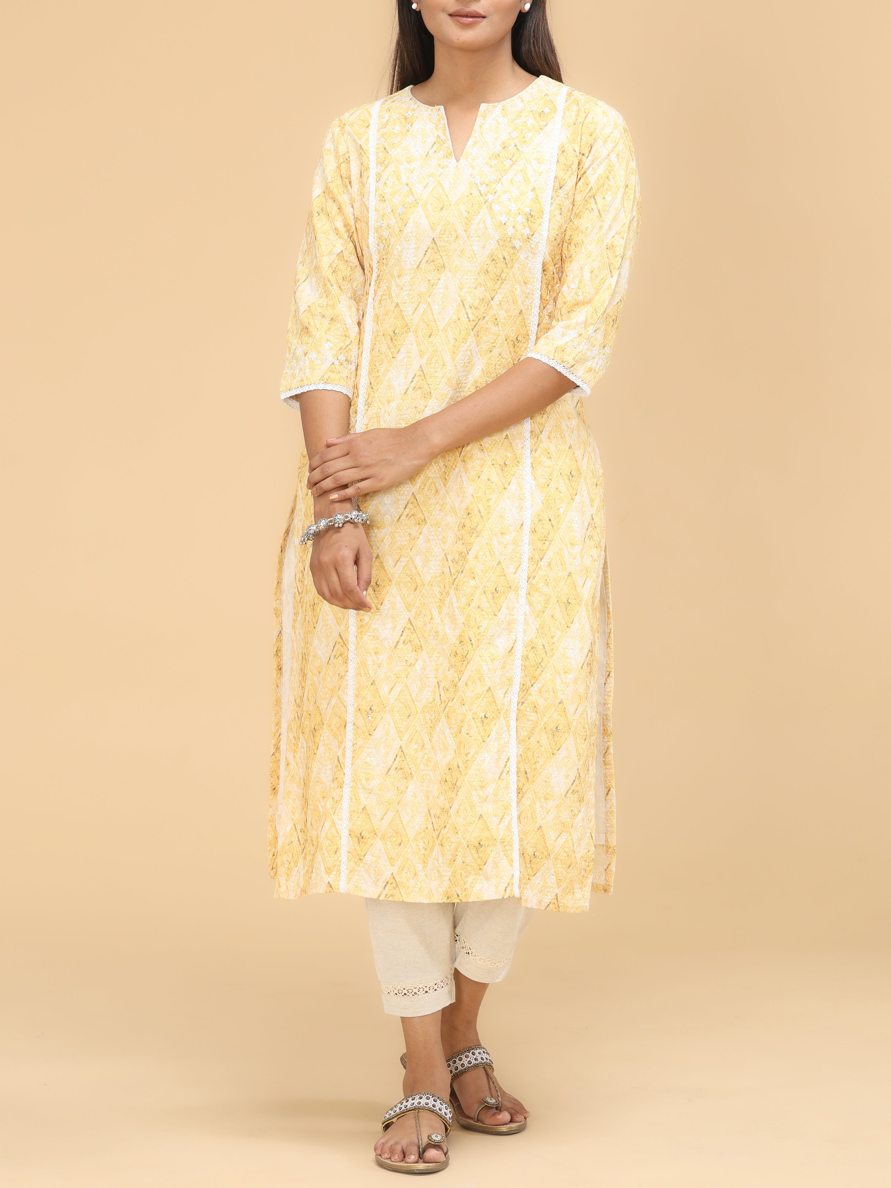 Yellow Viscose Schifili Printed Kurti With Embroidery