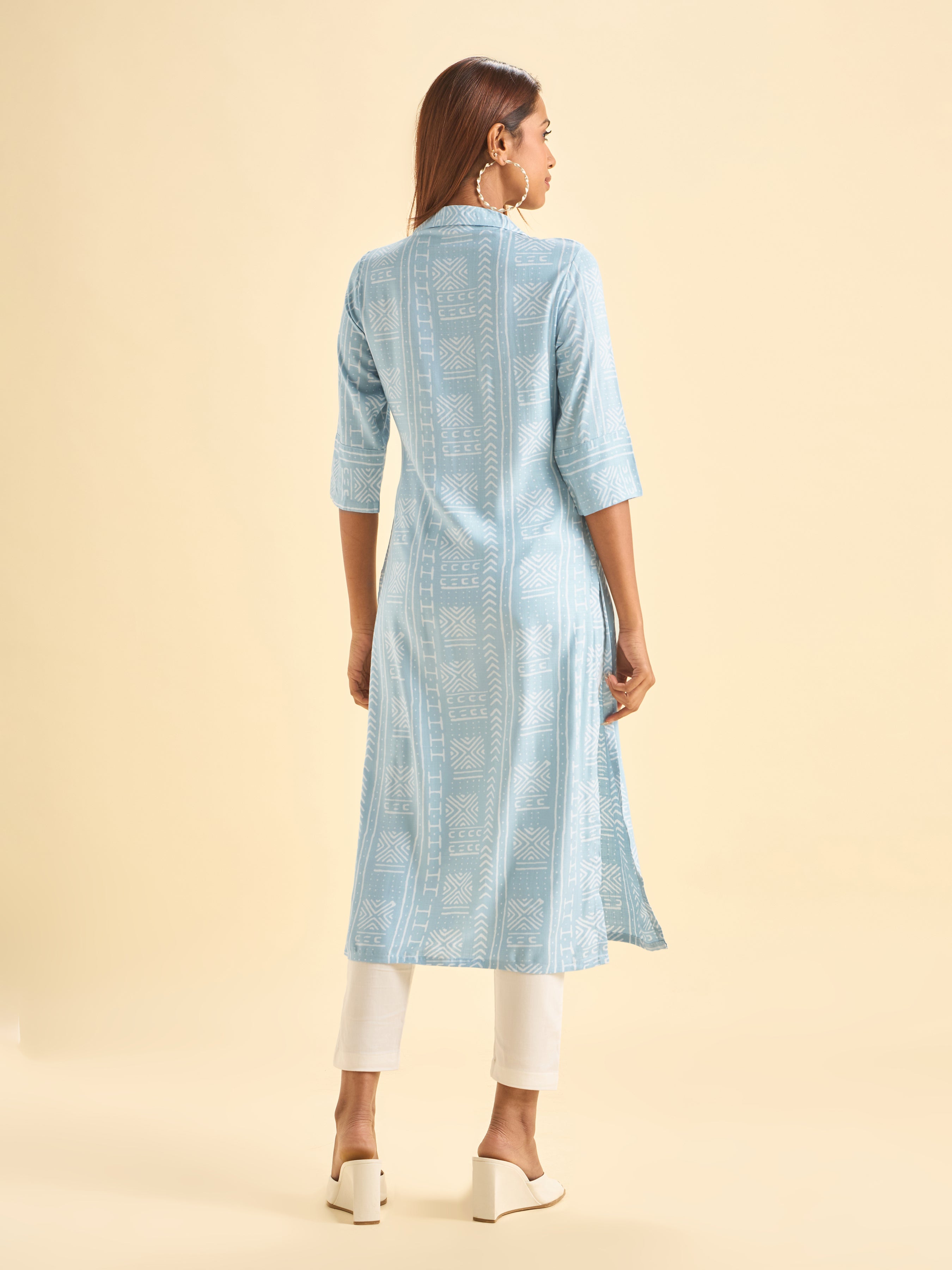 Denim Blue Ivory Tencel Printed Kurti