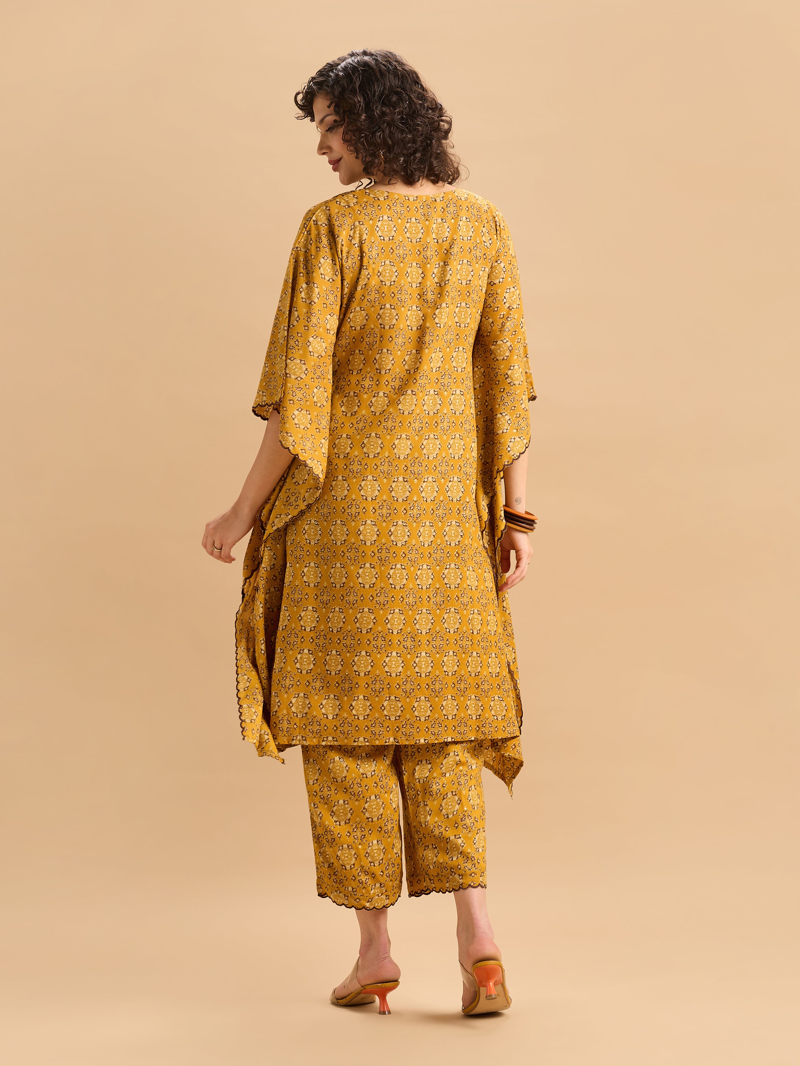 Women Wearing Mustard Yellow Viscose Printed Kaftan Set With Hand Work Embroidery