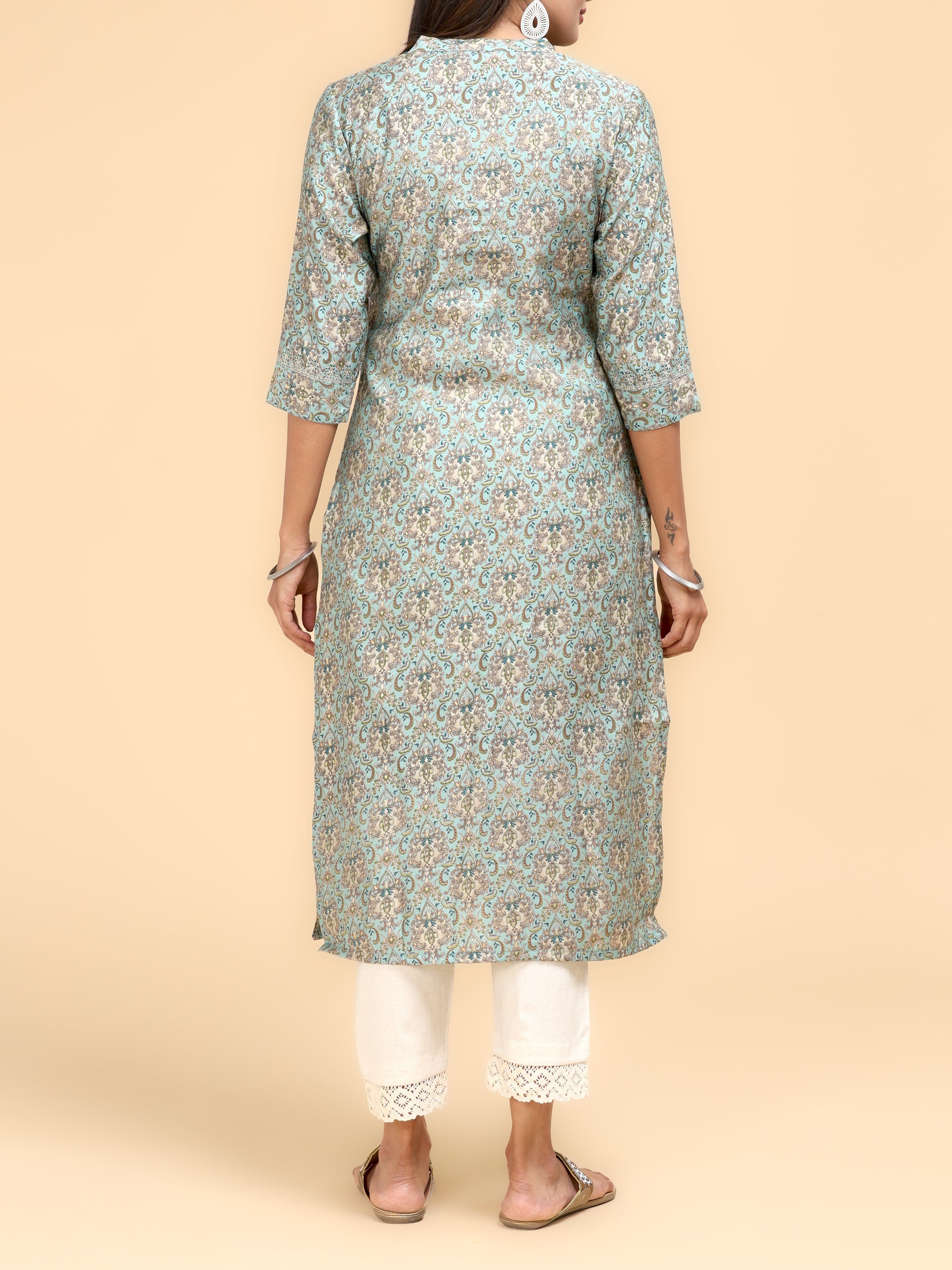 Aqua Green Modal Chanderi Kurti With Print