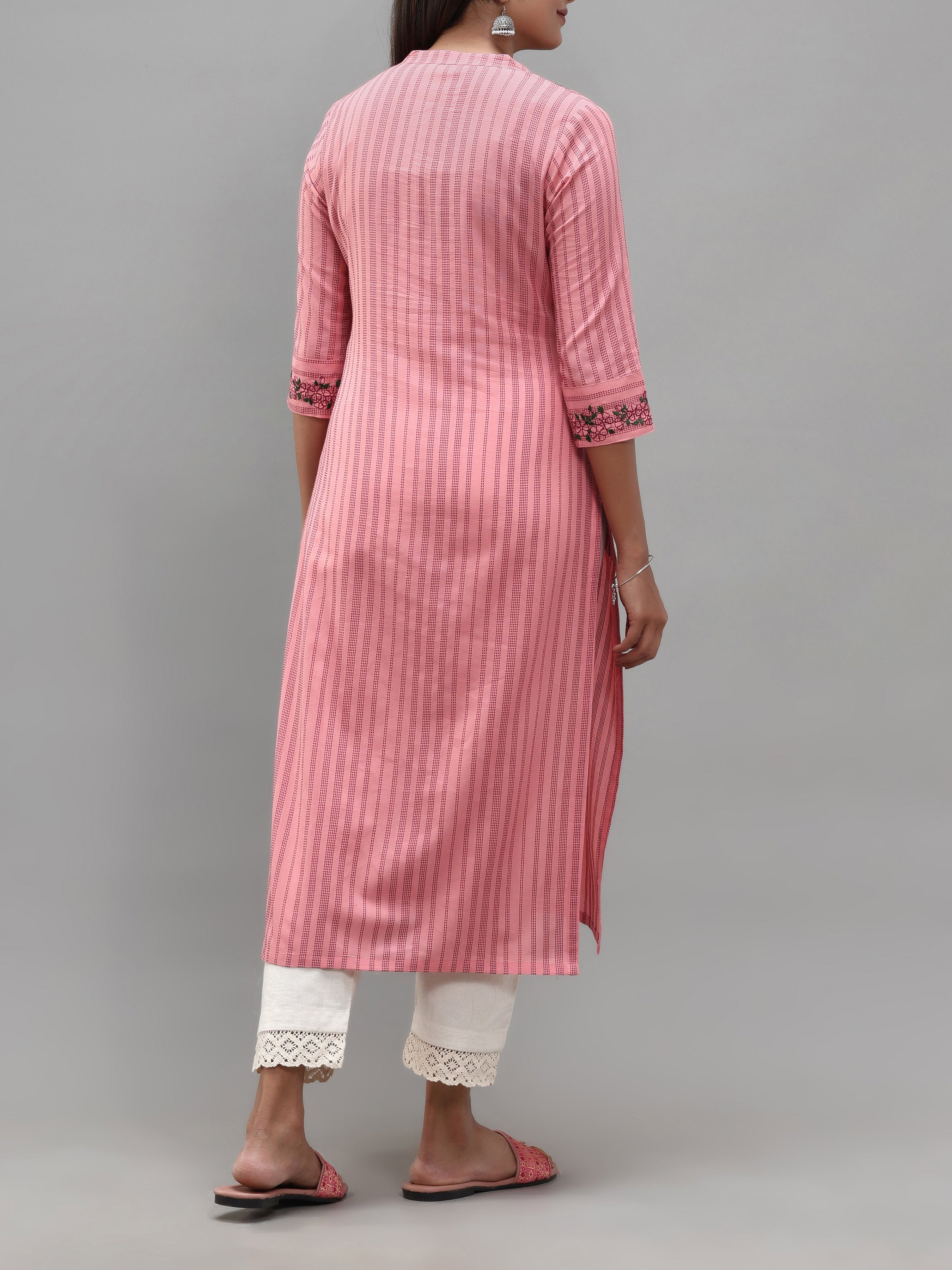 Pink Cotton Dobby Kurti With Embroidery