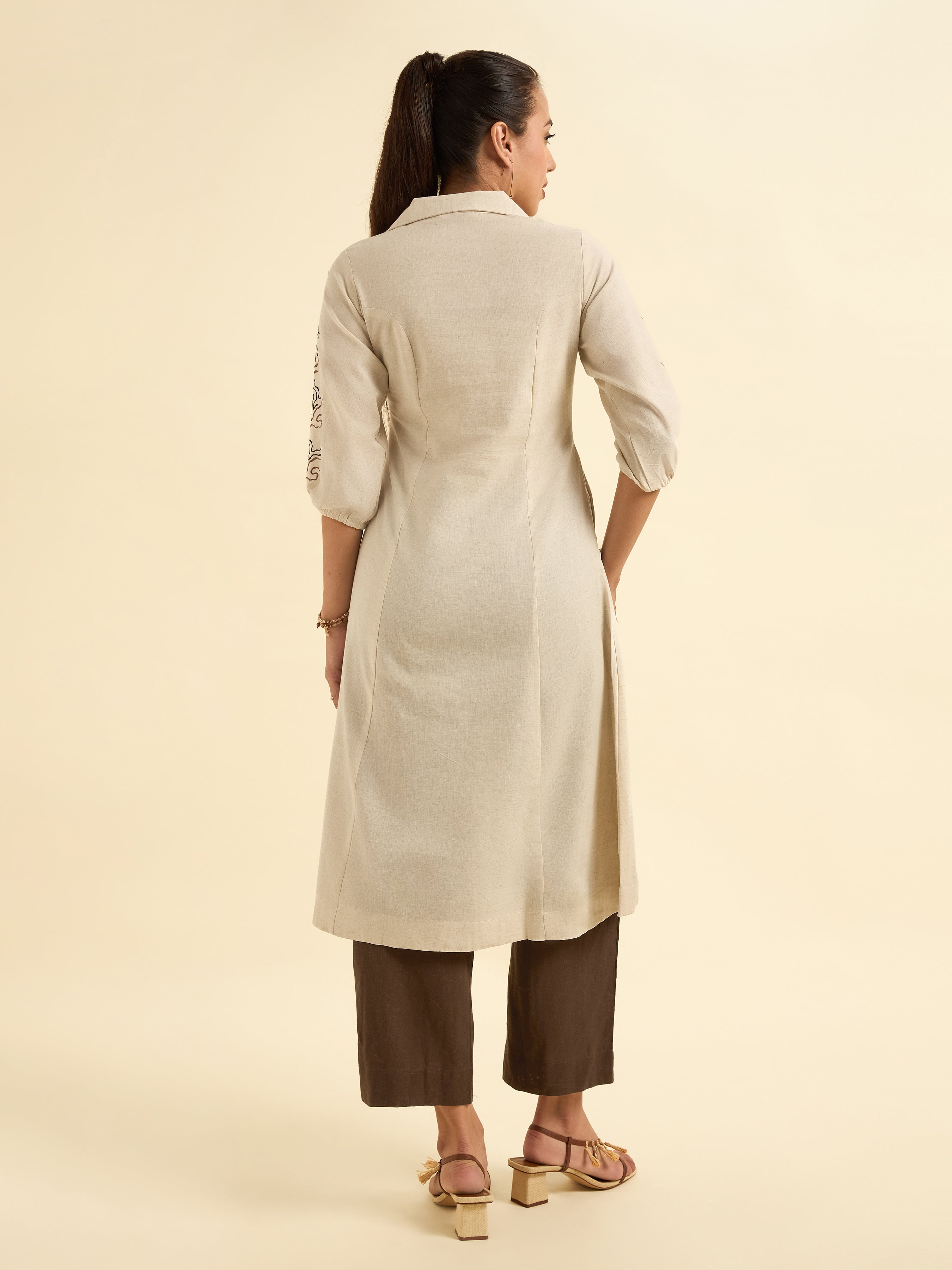 Ivory Cotton Flax Flared Kurti With Princess Cut And Embroidery