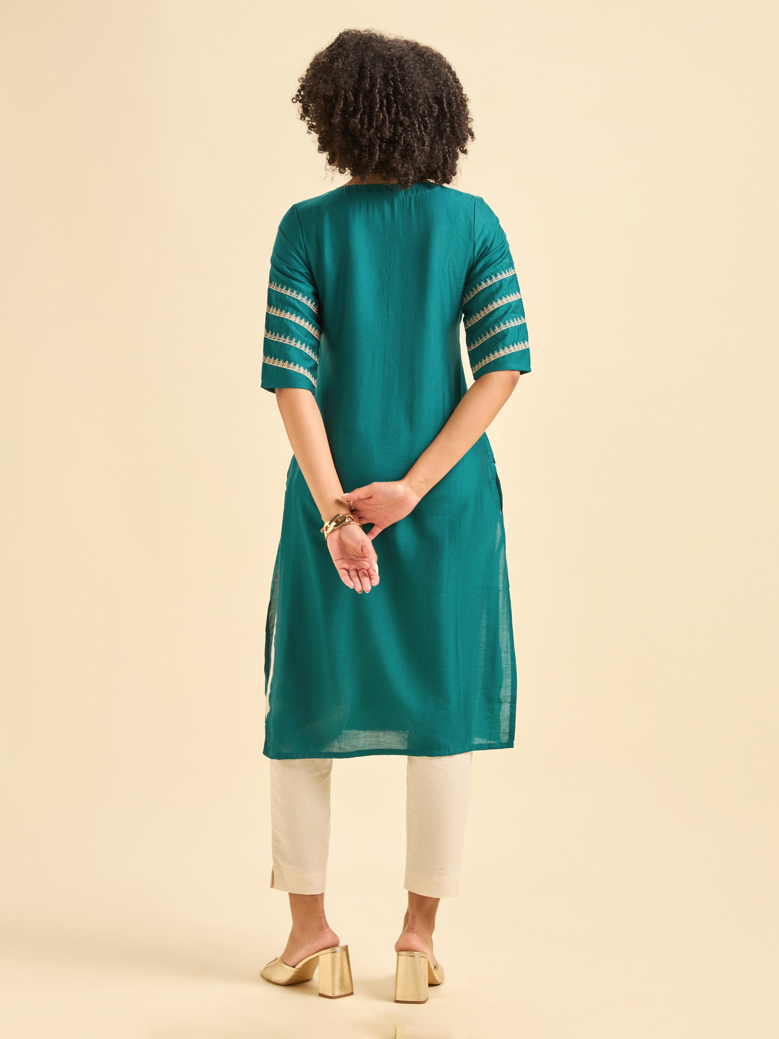 Teal Viscose Blend Plain Slited Kurti With Embroidery