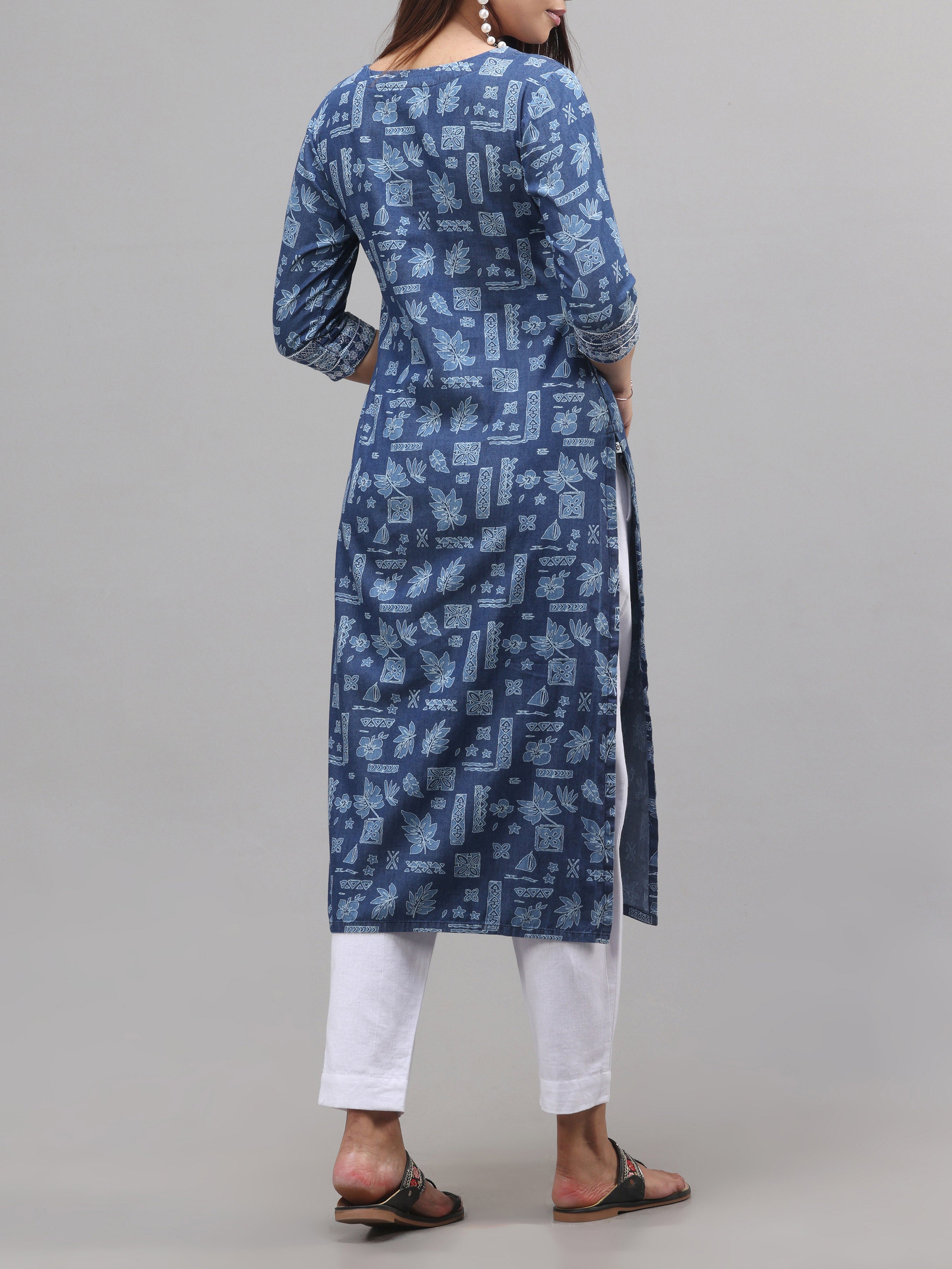 Denim Printed Kurti With Embroidery