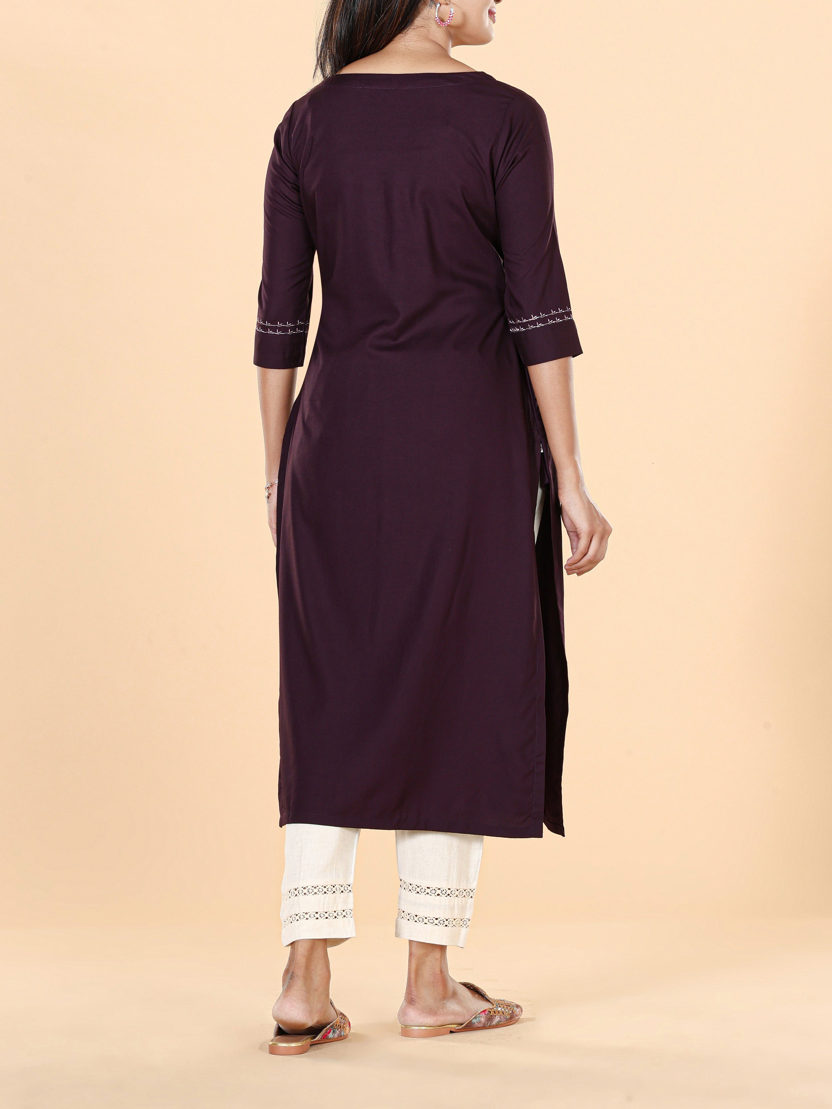 Maroon Viscose Plain Kurti With Embroidery