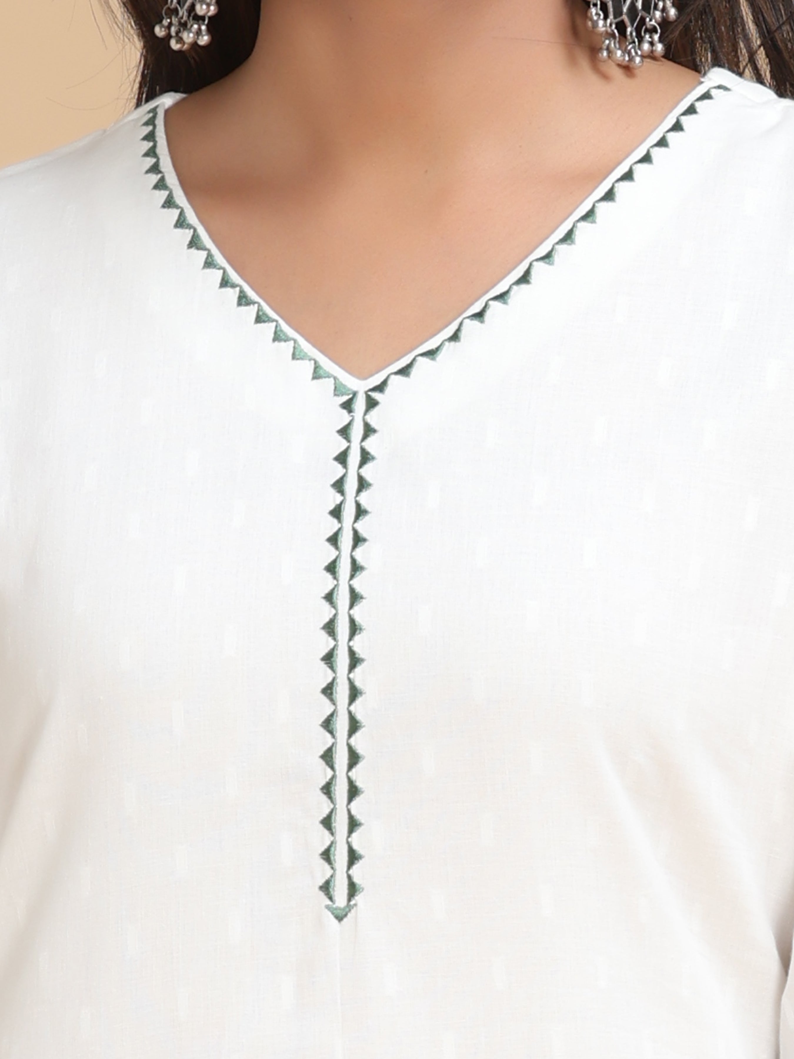 White Cotton Dobby Kurti With Embroidery