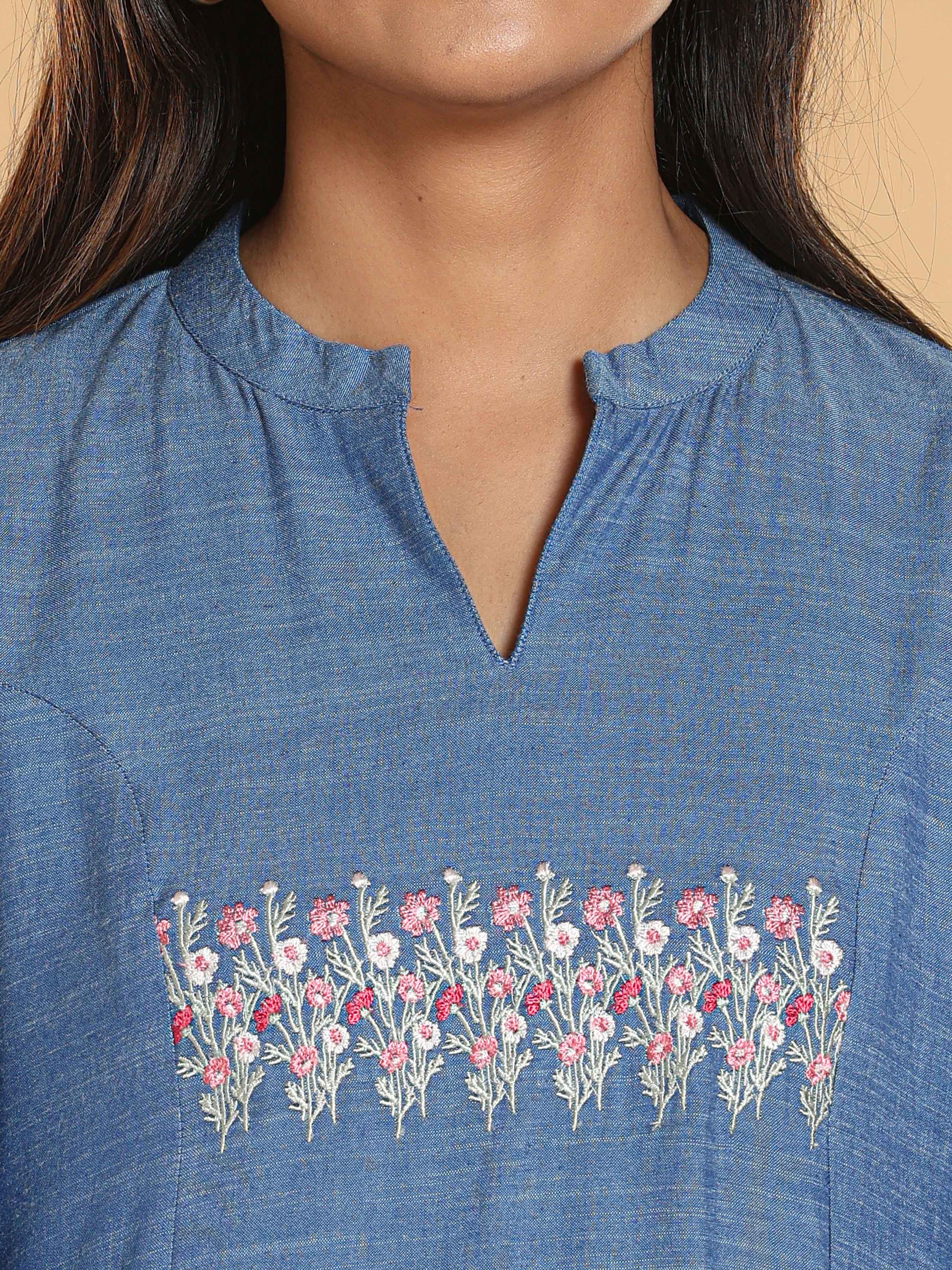 Women Wearing Denim Blue Viscose Cotton Kurti With Embroidery
