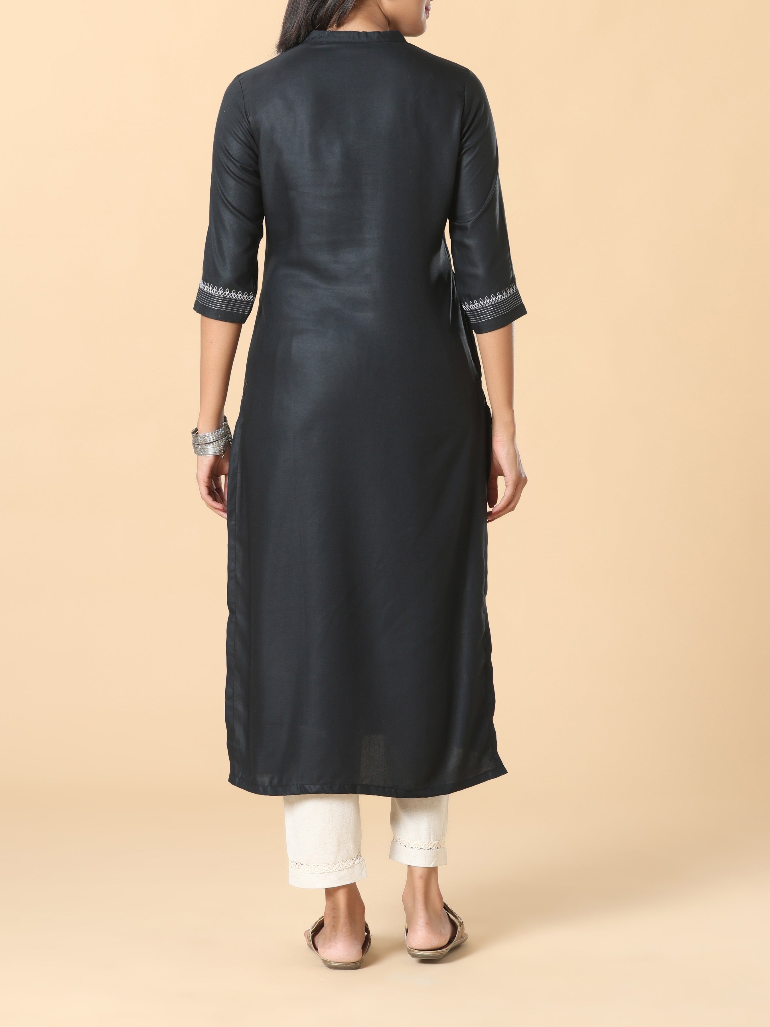 Black Viscose Plain Kurti With Embroidery