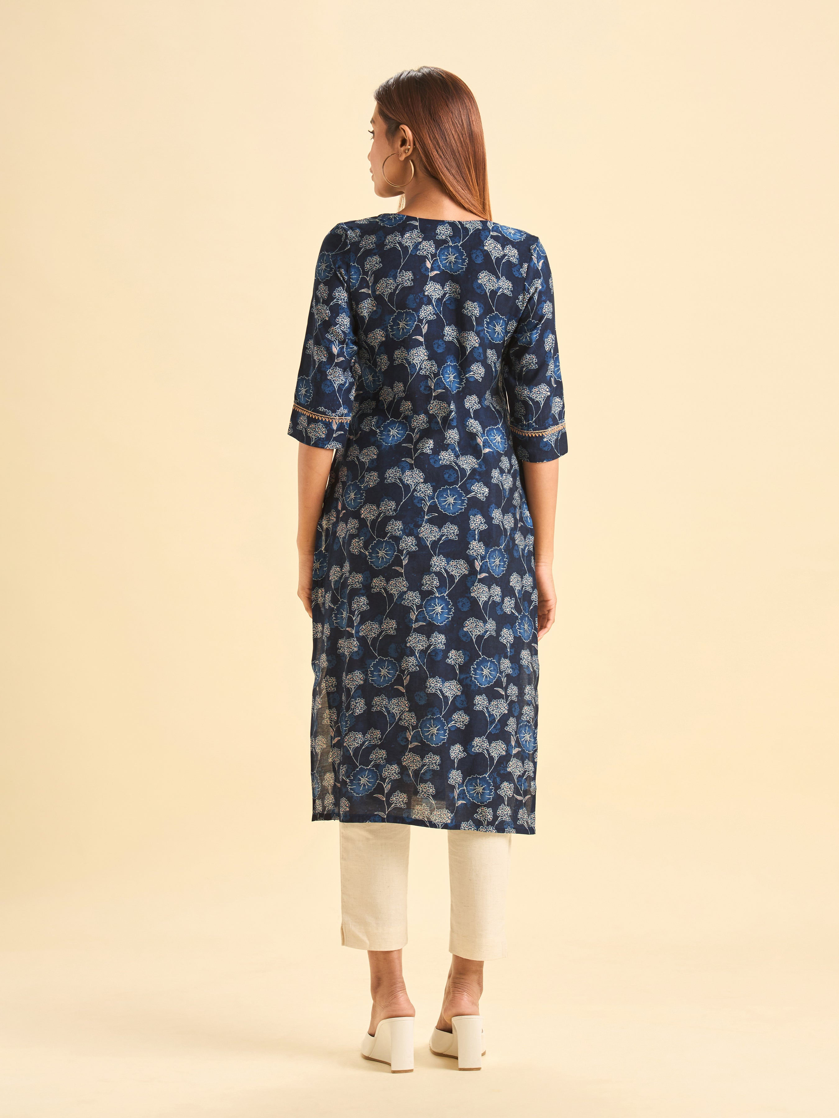 Navy Blue Modal Chanderi Slited Printed Kurti With Embroidery