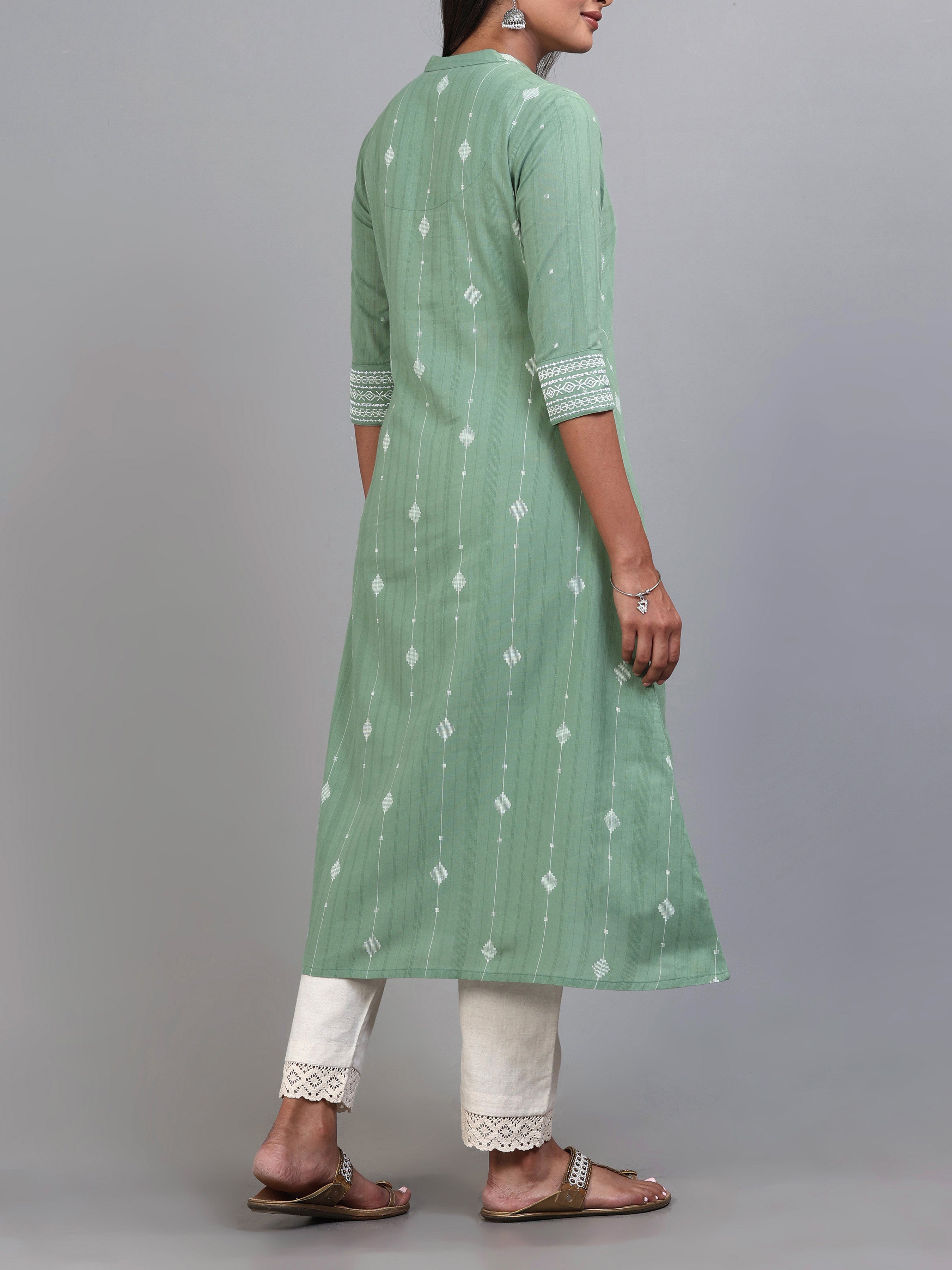 Mint Green Cotton Dobby Kurti With Embroidery