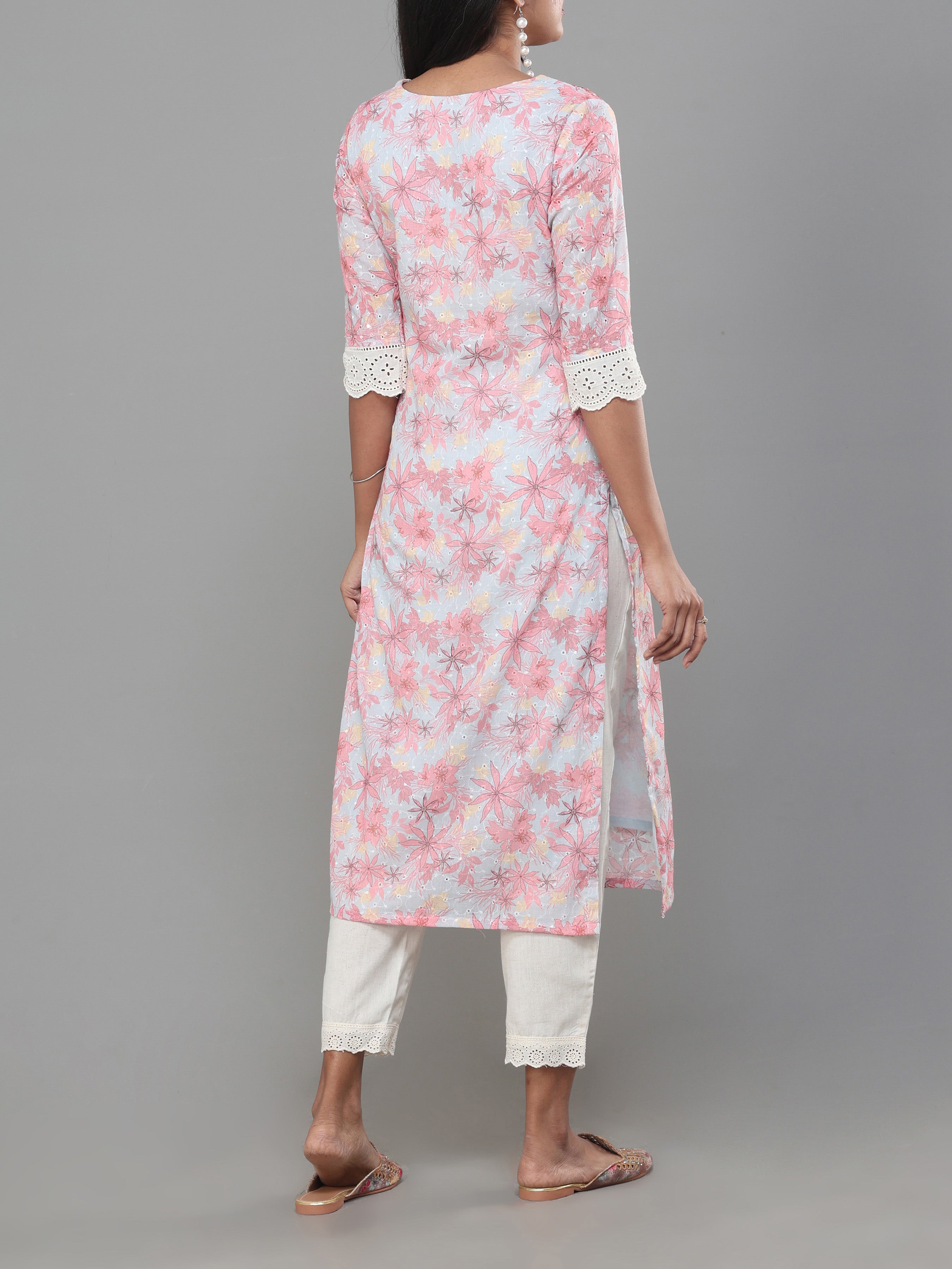 Multi Colour Poly Cotton Schiffli Printed Kurti With Embroidery And Matching Bottom