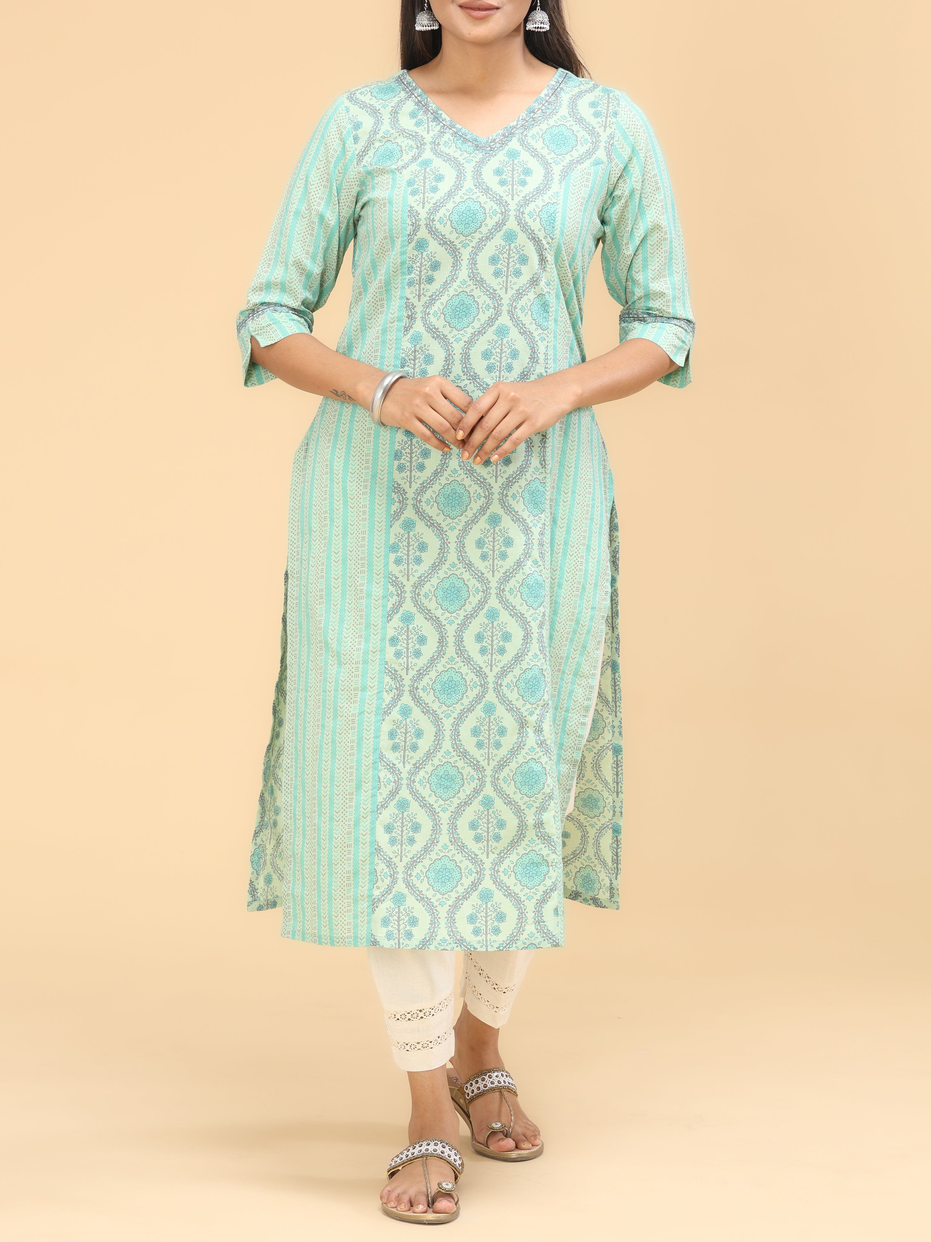 Green Pure Cotton Kurti With Print