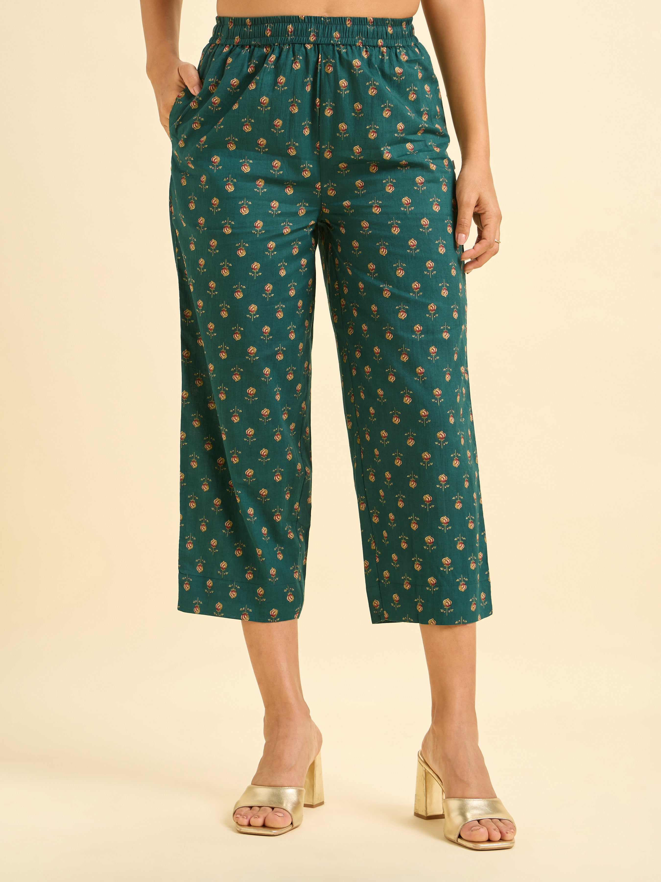 Green Colour Pure Cotton Printed Slited Kurti Set With Embroidery And Mirror Work
