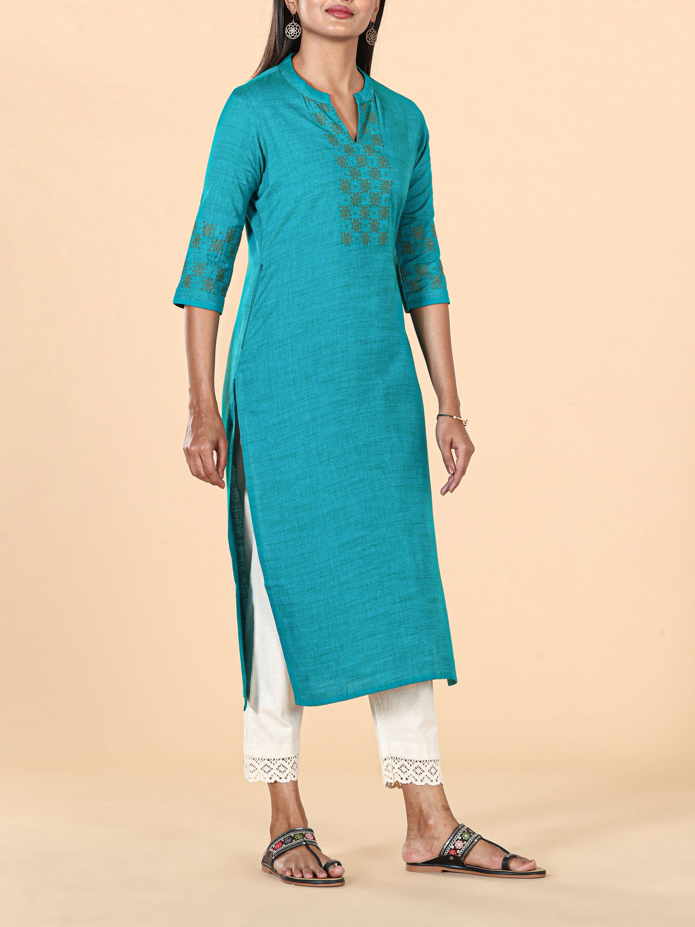Teal Blue Viscose Kurti With Embroidery