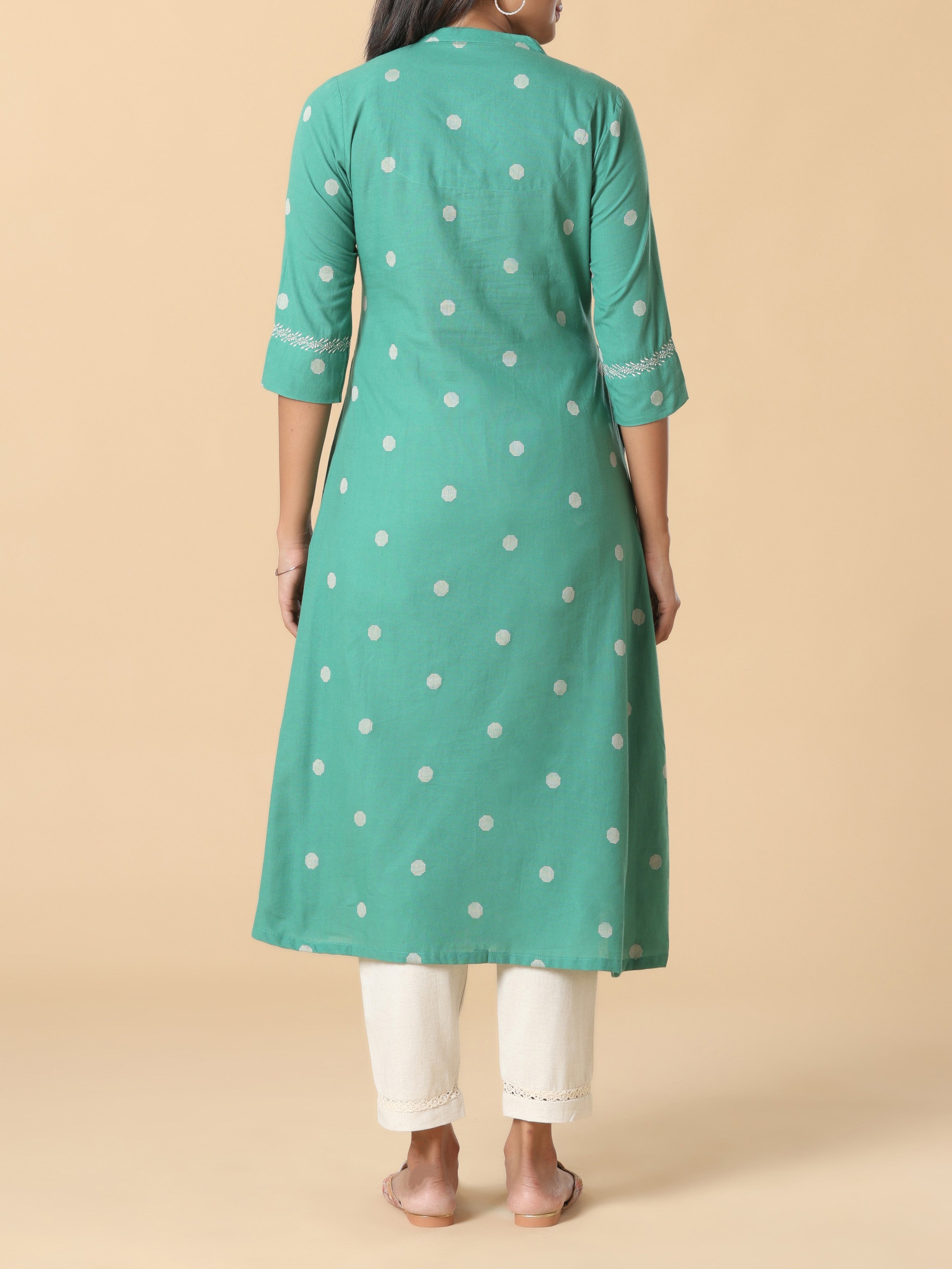Aqua Green Cotton Dobby Kurti With Embroidery