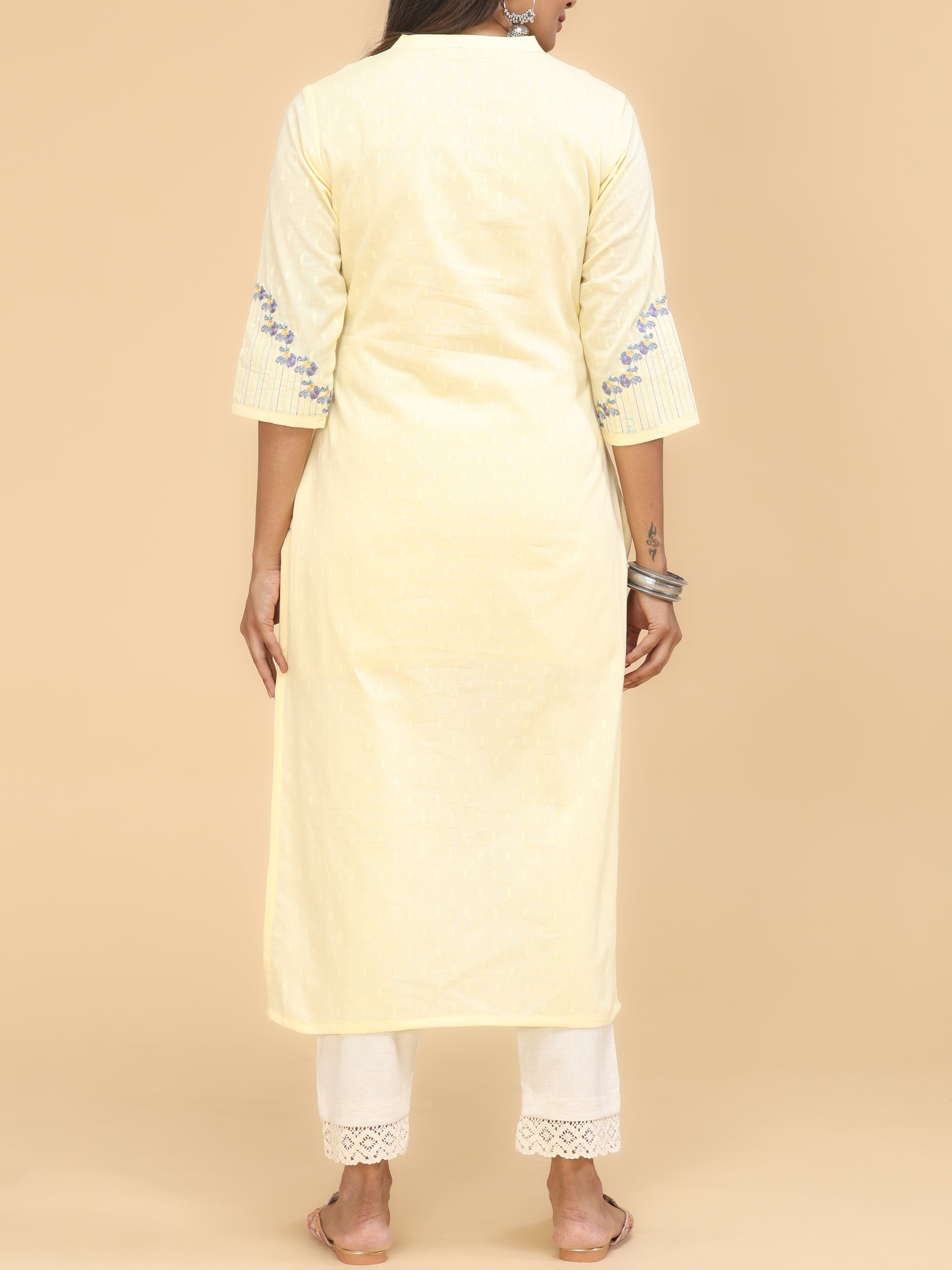 Pale Yellow Cotton Plain Kurti With Embroidery