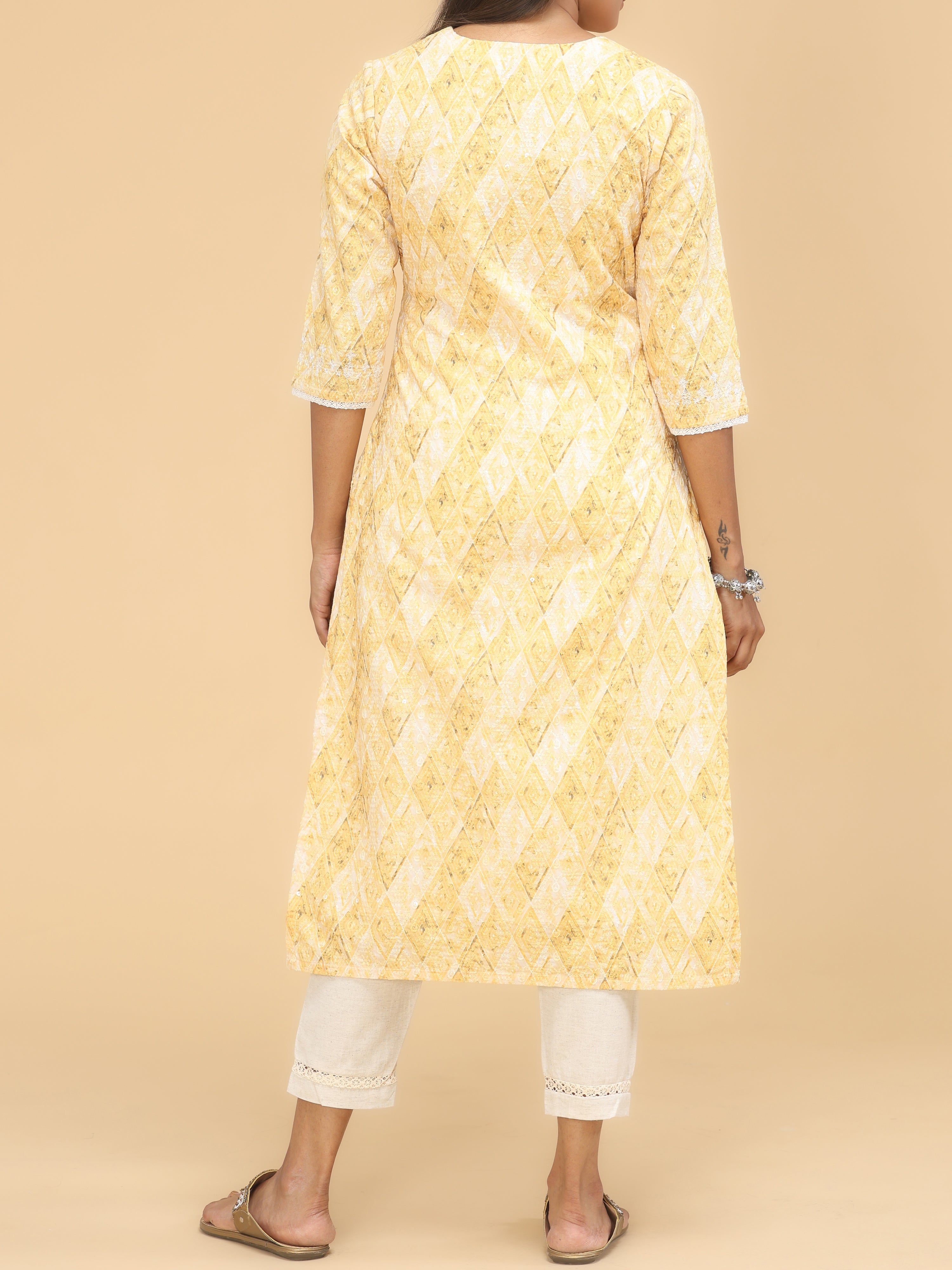 Yellow Viscose Schifili Printed Kurti With Embroidery