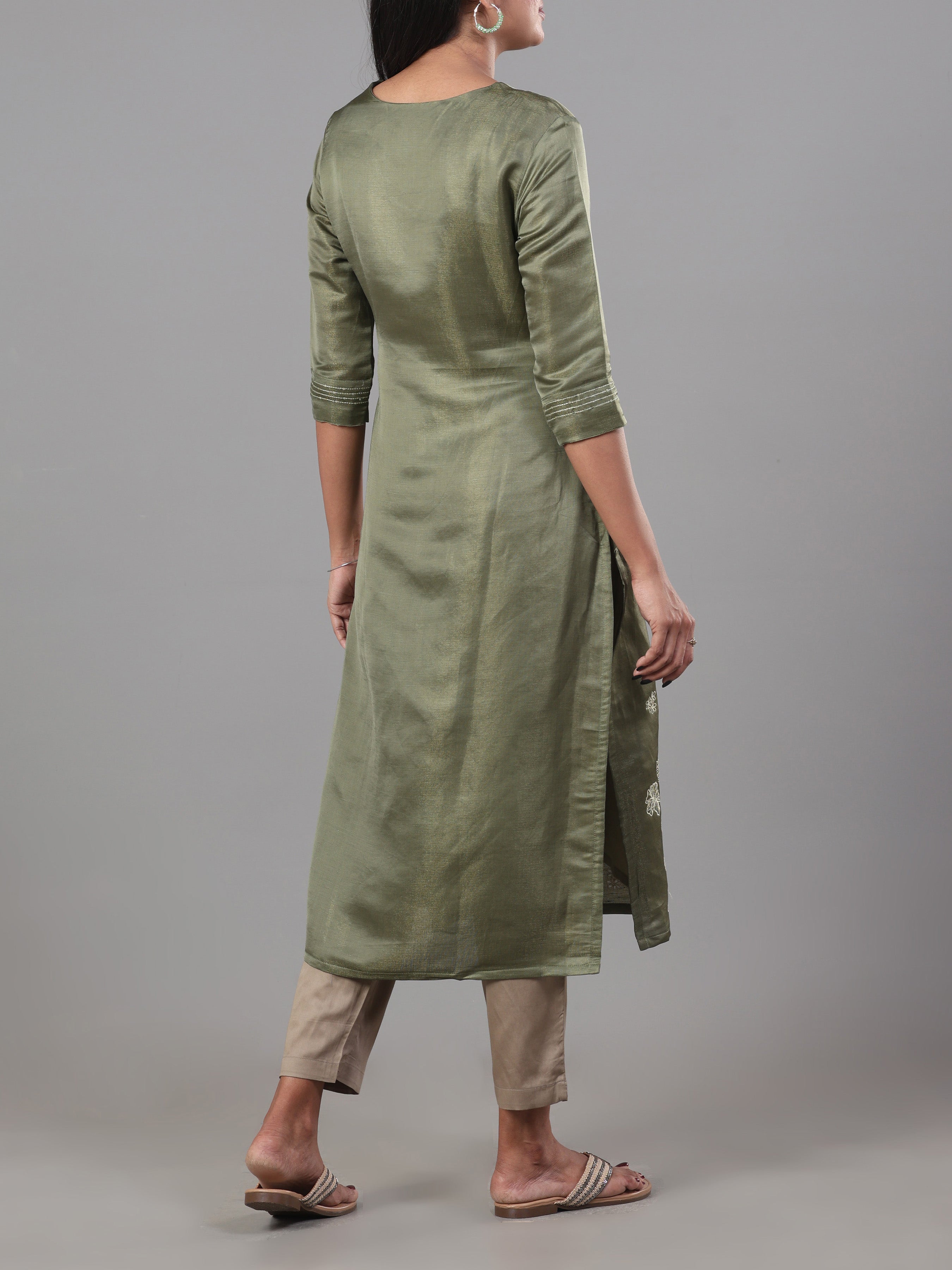 Olive Green Viscose Shimmer Kurti With Embroidery And Matching Bottom