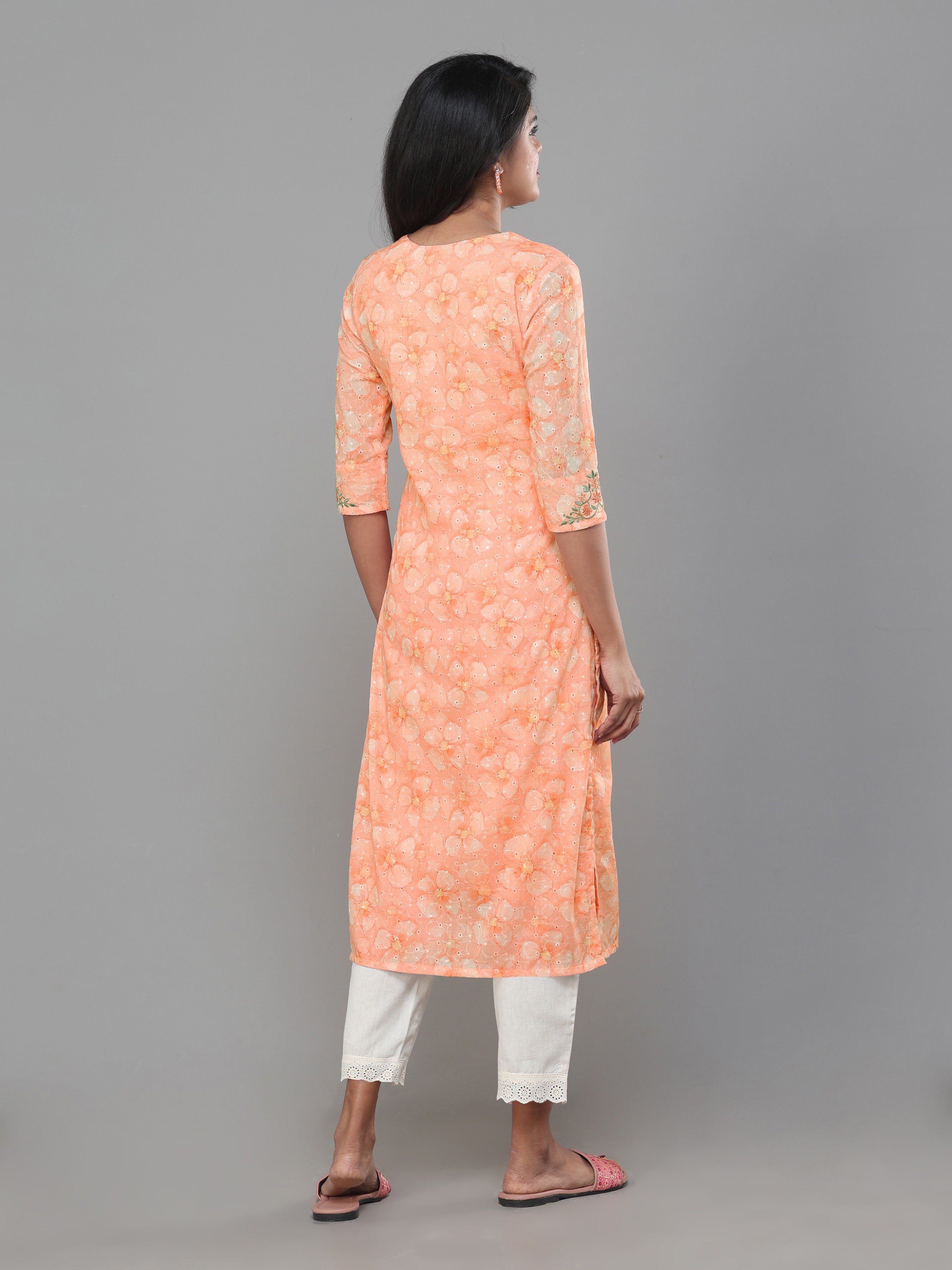 Rust Orange Cotton Schiffli Printed Kurti With Embroidery And Matching Bottom