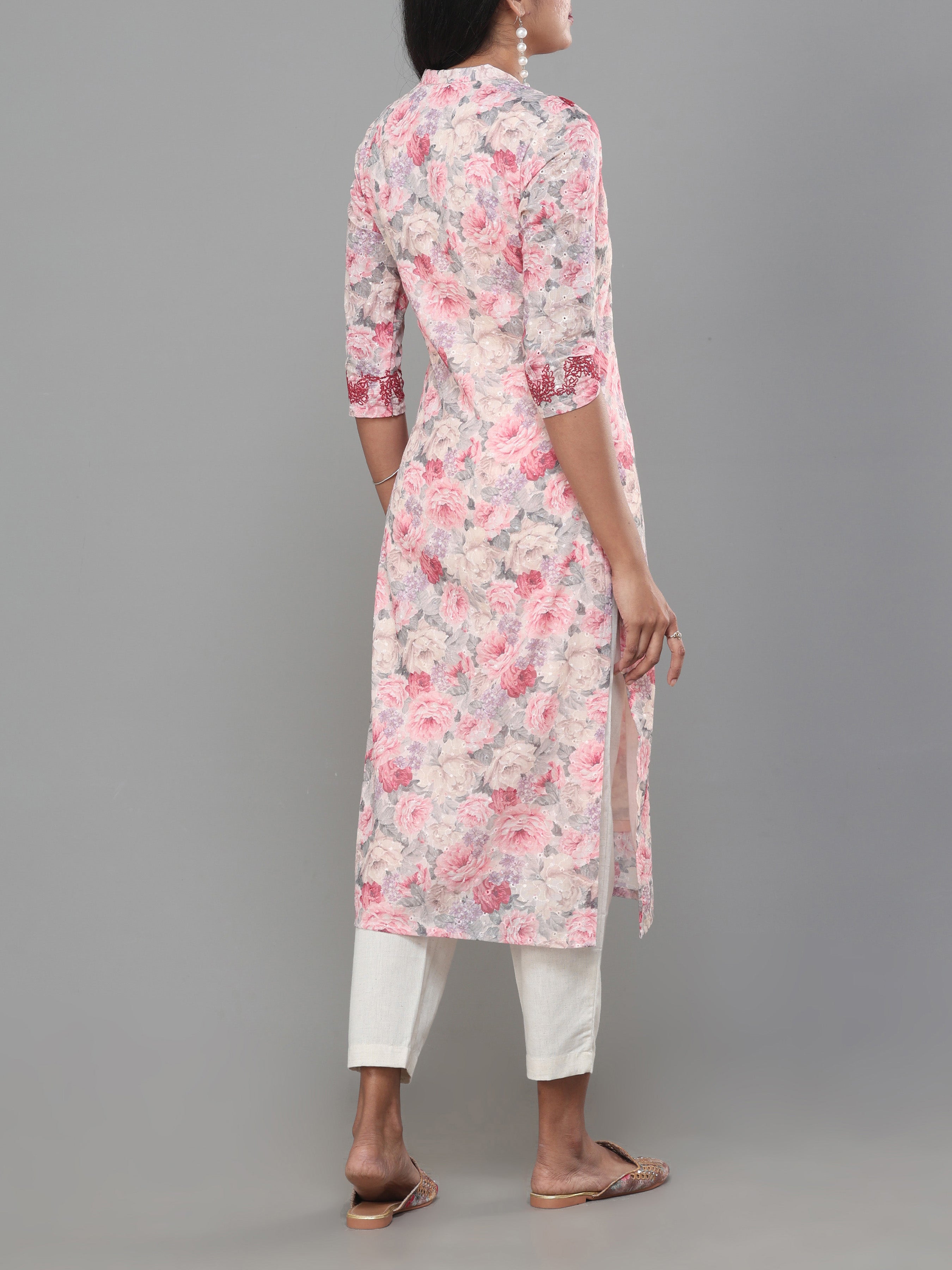 Multi Colour Cotton Schiffeli Printed Kurti With Embroidery And Matching Bottom