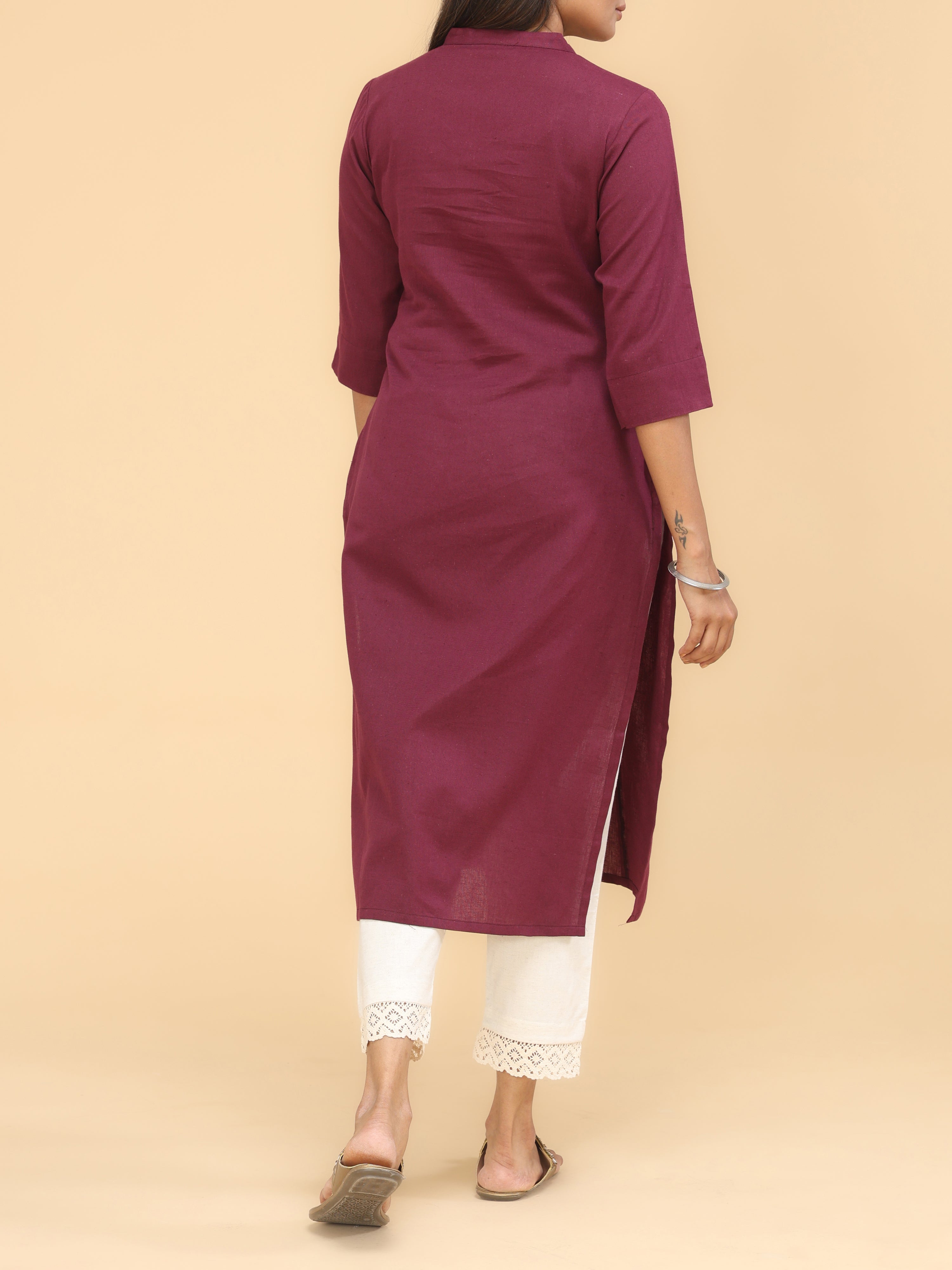 Claret Pink Cotton Kurti With Button Placket