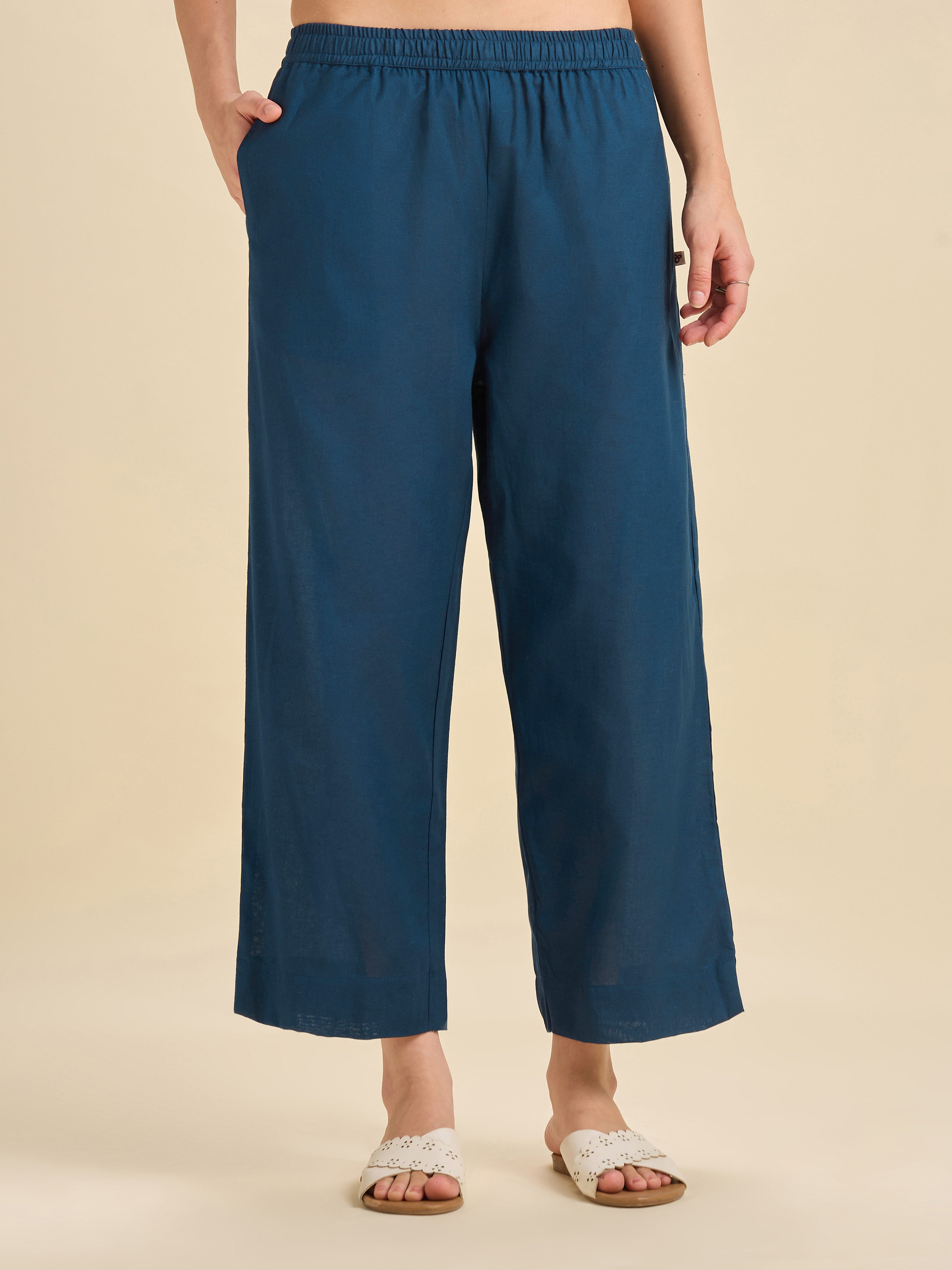 Denim Blue Cotton Flax Kurta Set With Embroidery