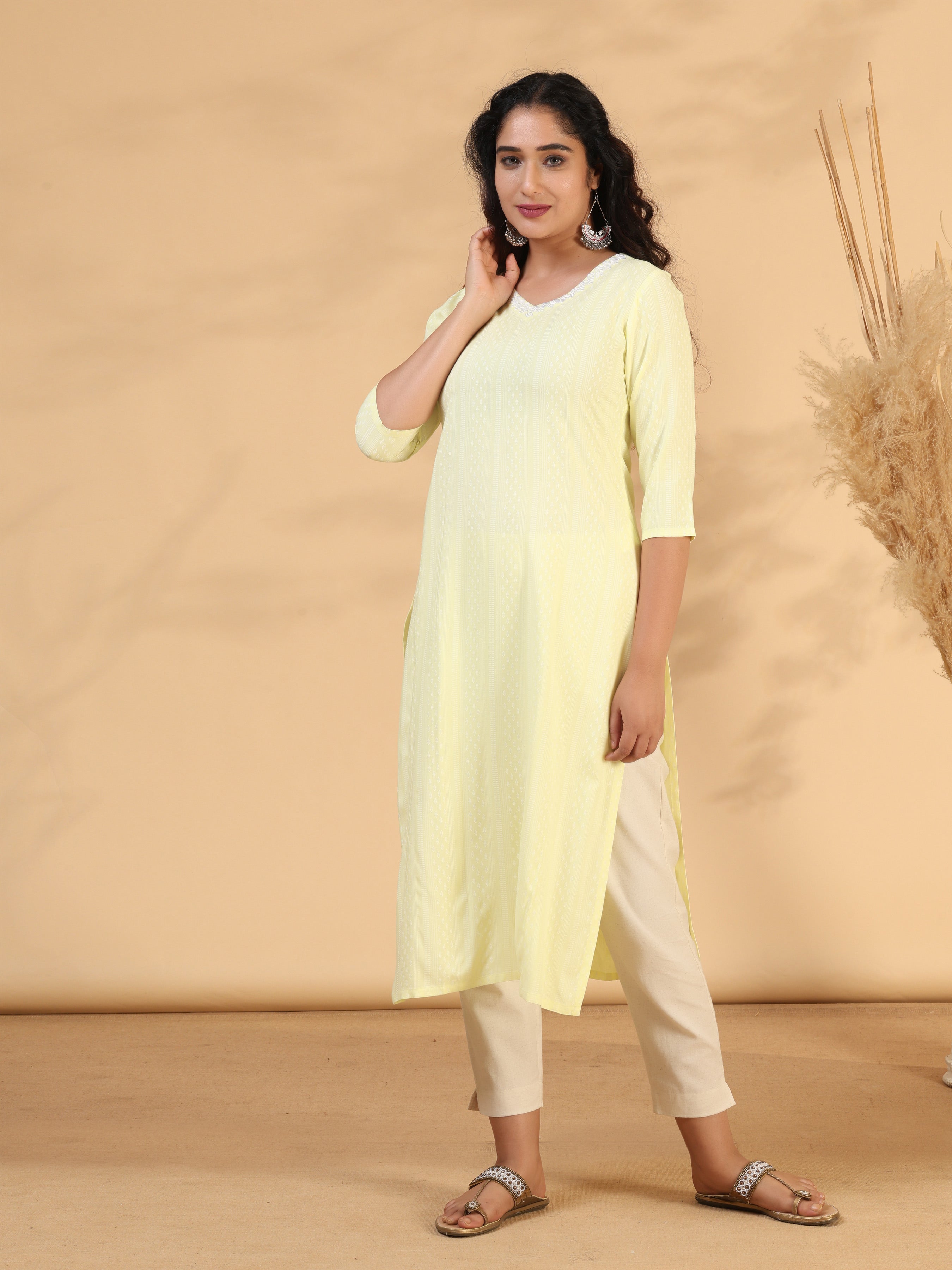 Lemon Yellow Rayon Kurti With Embroidery
